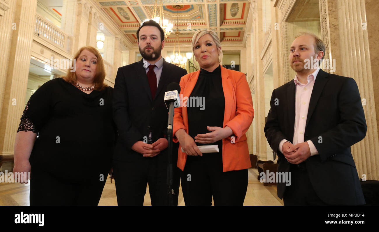 Leaders of the Pro-Remain parties in Northern Ireland, (left to right) Naomi Long from the Alliance Party, Colm Eastwood from the Social Democratic and Labour Party, Michelle O'Neill from Sinn Fein and Steven Agnew from the Green Party, hold a joint press conference urging the UK to keep aligned with EU customs arrangements post-Brexit at the Parliament Buildings, Stormont. Stock Photo