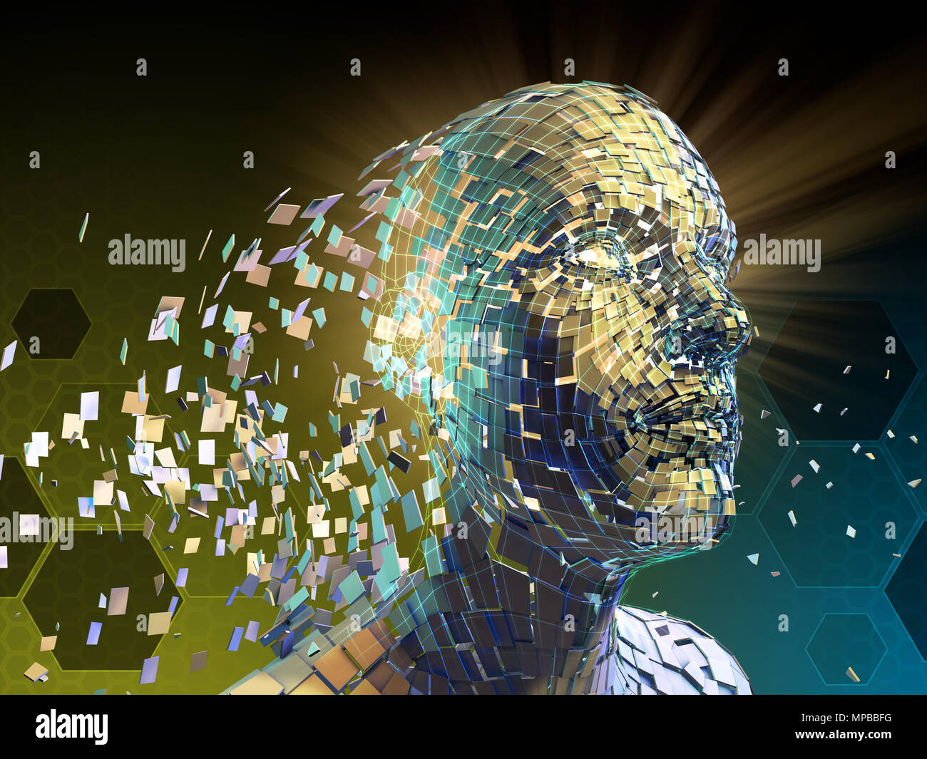 Human head breaking donw into small fragments. 3D illustration. Stock Photo