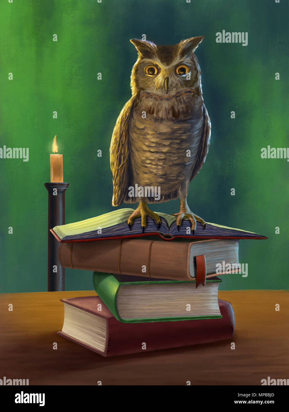 Wise owl perched on a pile of books. Digital illustration. Stock Photo