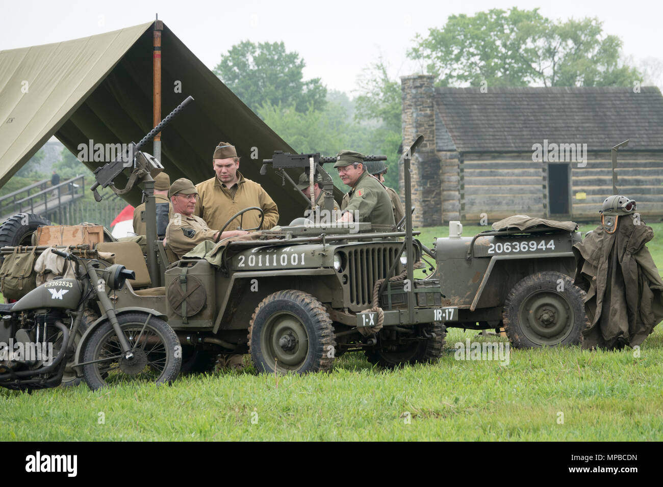 USA Pennsylvania PA Carlisle reenactors pose as World War II Two Army soldiers at the U.S. Army Heritage and Education Center Stock Photo
