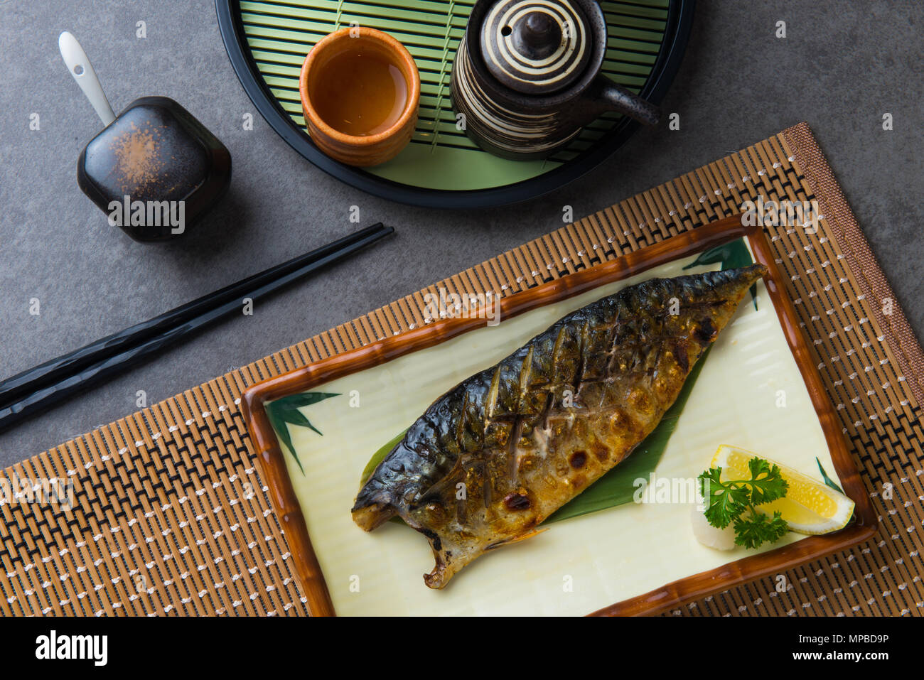 Saba fish grilled japanese food flat lay Stock Photo Alamy