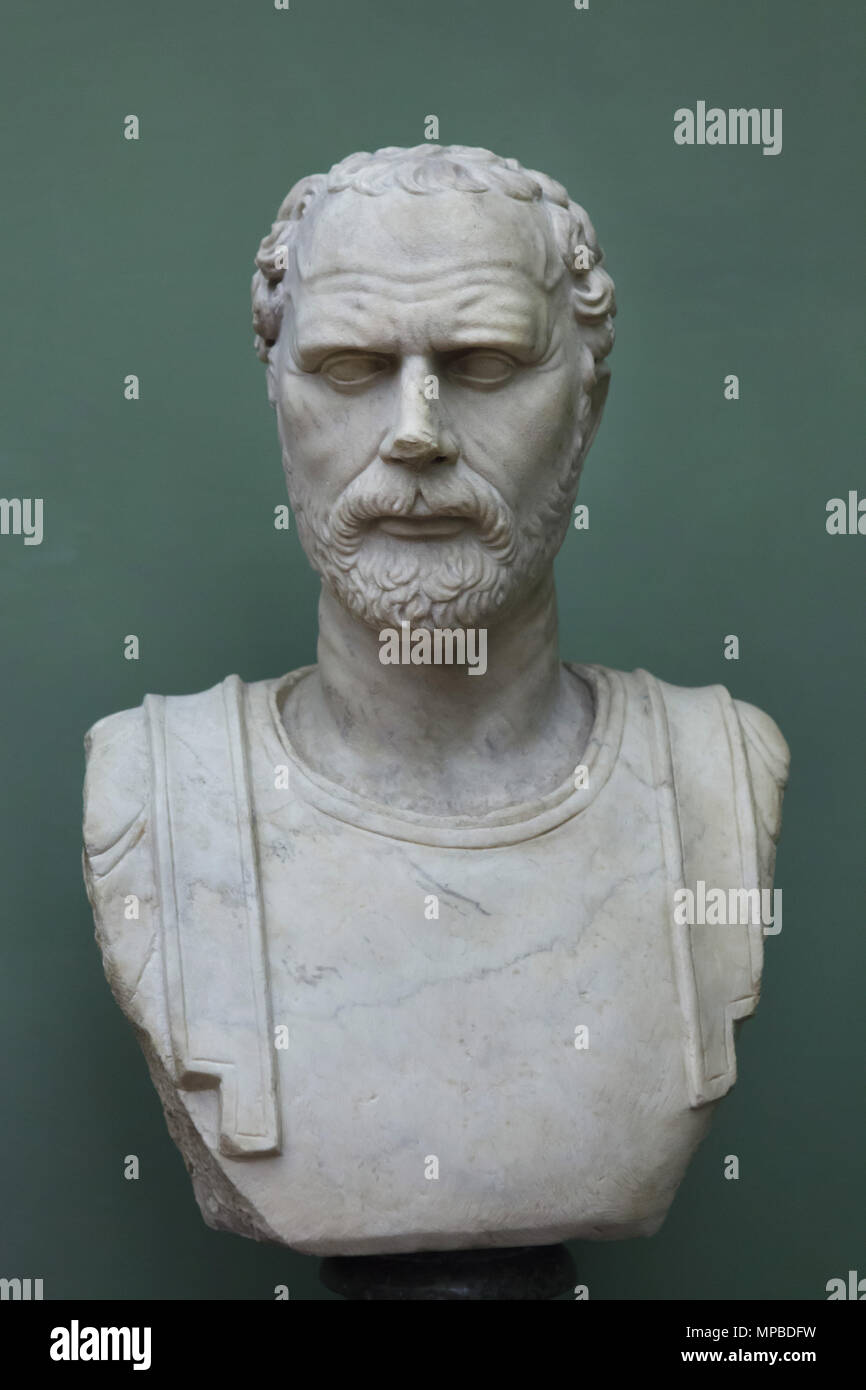 Greek statesman and orator Demosthenes (384-322 BC). Roman marble bust from the 2nd century AD possible based on a Greek bronze statue by Polyeuctus from 280 BC on display in the Uffizi Gallery (Galleria degli Uffizi) in Florence, Tuscany, Italy. Stock Photo