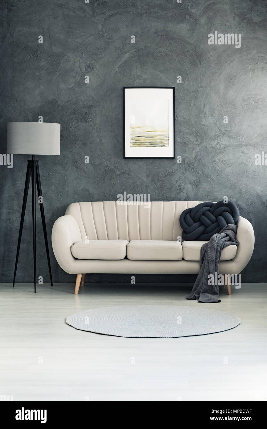 Dark Blanket And Pillow On Bright Sofa In Living Room With