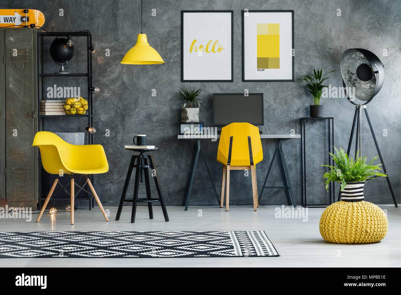 Scandinavian Design Of Freelancer Office With Desk Metal Rack Mock Up Stock Photo Alamy