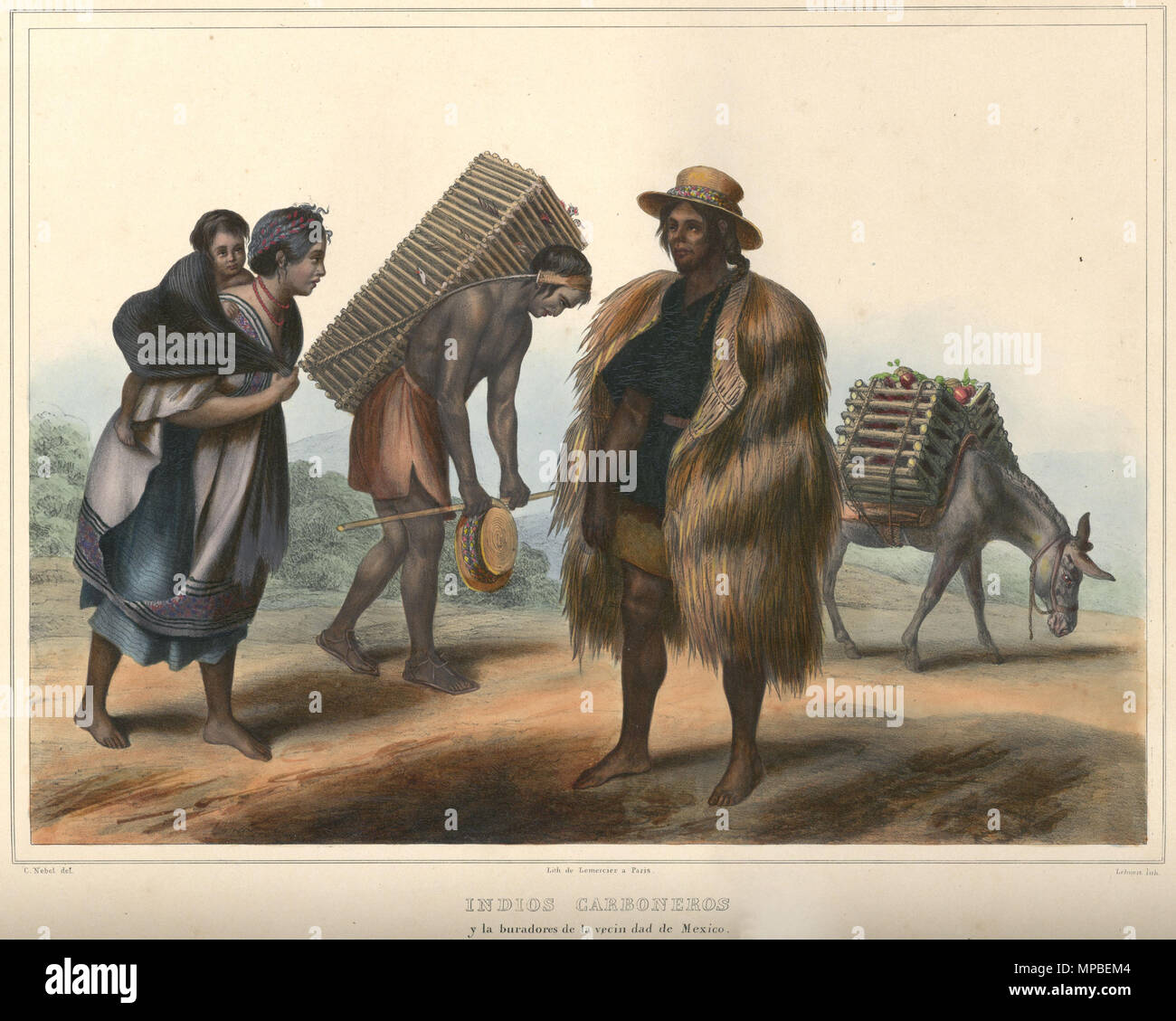 . English: Indios Carboneros, costume group. Hand-colored lithograph highlighted with gum arabic. Original size (neat lines): 39×29 cm. published 1836. Lithograph by   Pierre Frédéric Lehnert  (1811–)    Alternative names Pierre Frédéric Lehnert, F. Lehnert  Description French lithographer  Date of birth 31 January 1811  Location of birth Paris  Work location France  Authority control  : Q26248624 VIAF: 91878749 ISNI: 0000 0000 6549 986X LCCN: no2011158631 NLA: 35244171 SUDOC: 170529487 WorldCat    after a drawing by   Carl Nebel  (1805–1855)    Alternative names Carlos Nebel  Description Germ Stock Photo