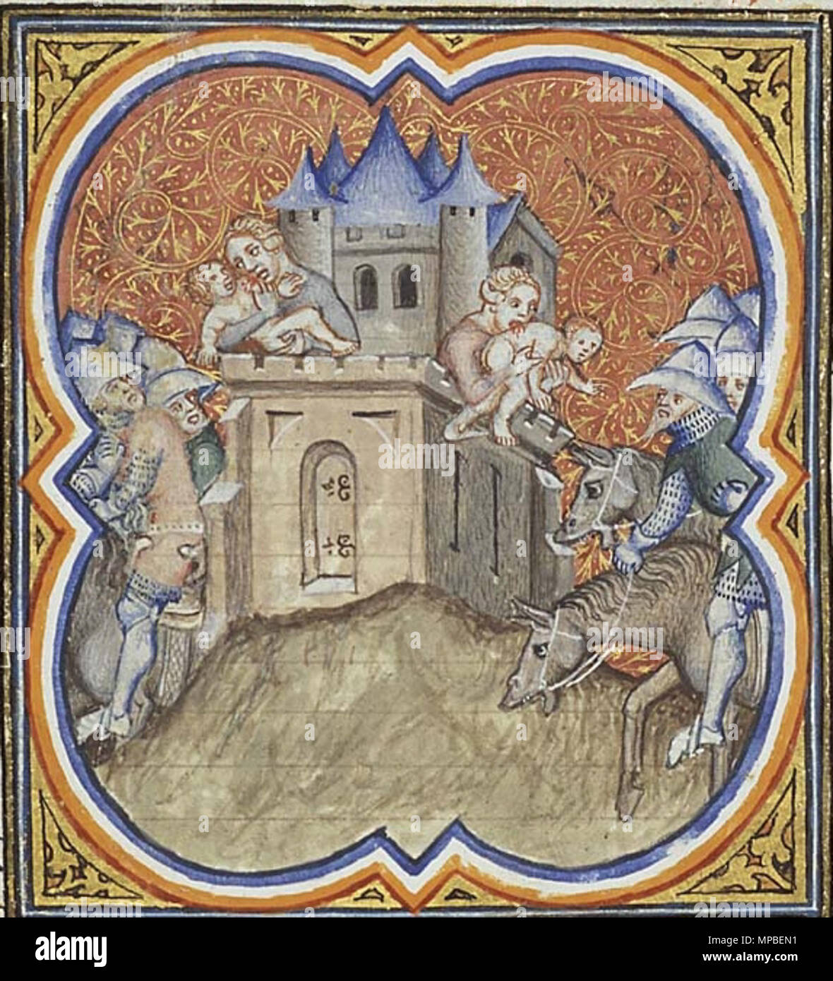 UNKNOWN; Illustrator of Petrus Comestor's 'Bible Historiale', France, 1372 921 Nebuchadnezzar camp outside Jerusalem. Famine in the city
