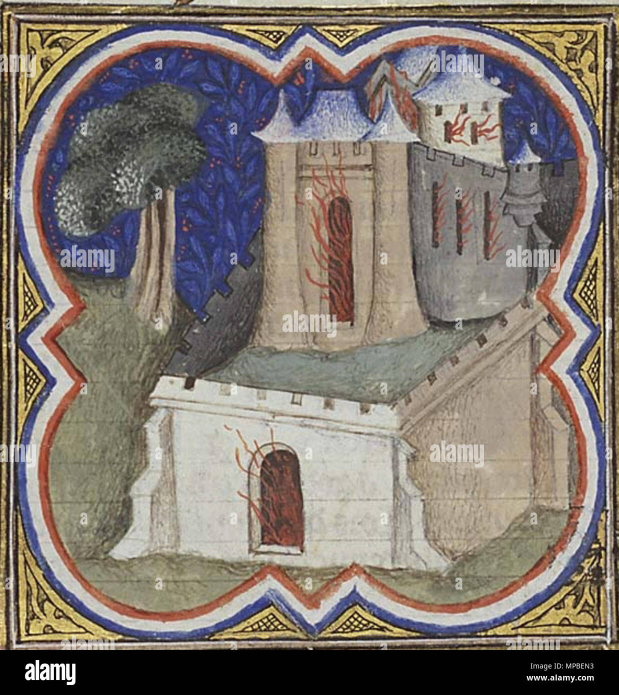 . English: Nebuzaradan burns down the temple and the palace of Jerusalem . 1372. UNKNOWN; Illustrator of Petrus Comestor's 'Bible Historiale', France, 1372 921 Nebuzaradan burns down the temple2 Stock Photo