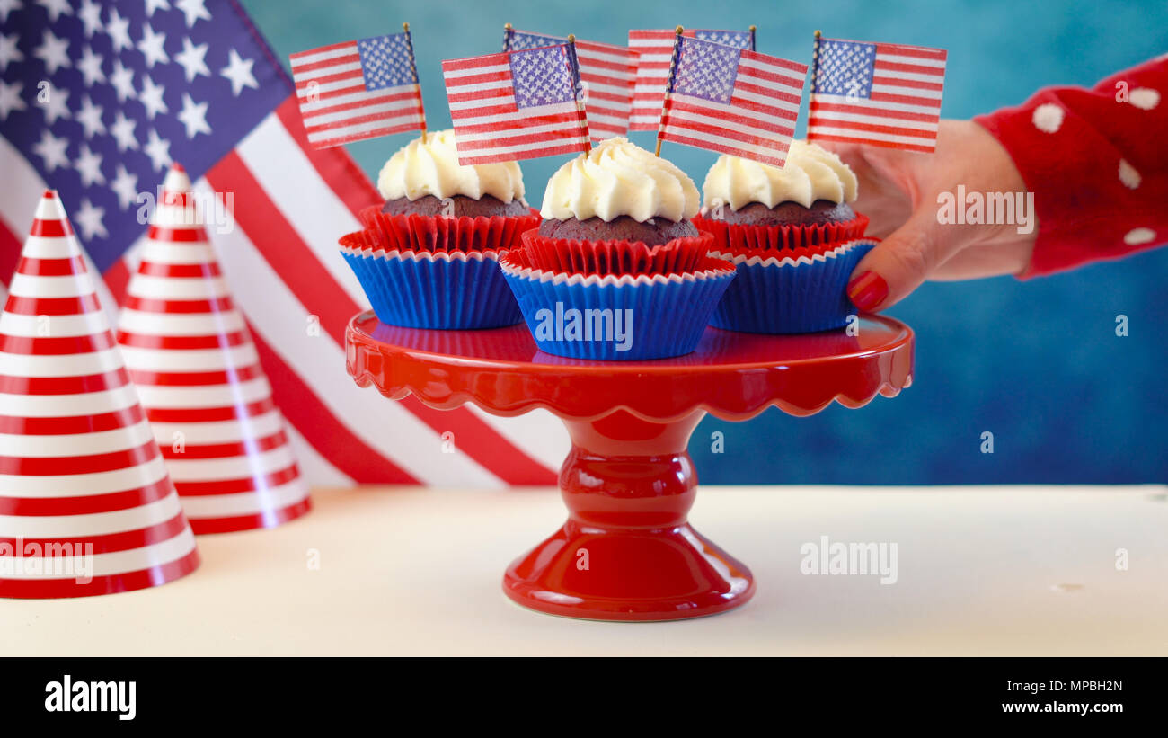 Red White And Blue Theme Cupcakes With Usa Flags For Independance