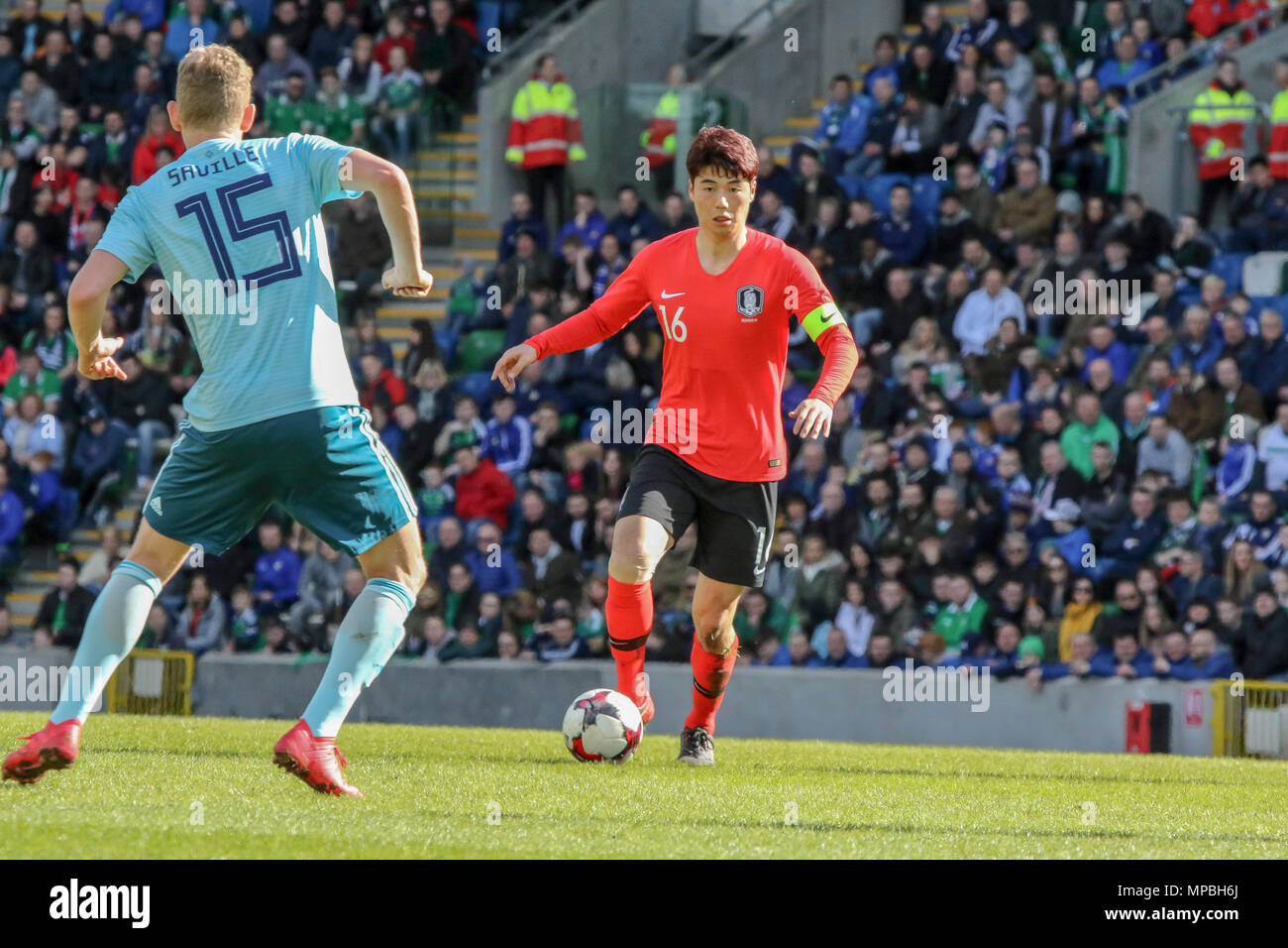 24 March 2018. International Football firendly 2018, Northern Ireland v South Korea at Windsor Park, Belfast. (16) Ki Sung-yueng South Korea. Stock Photo