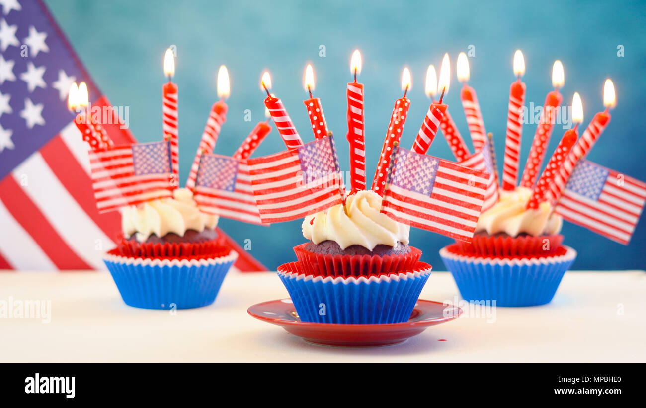 Red White And Blue Theme Cupcakes With Usa Flags For Independance