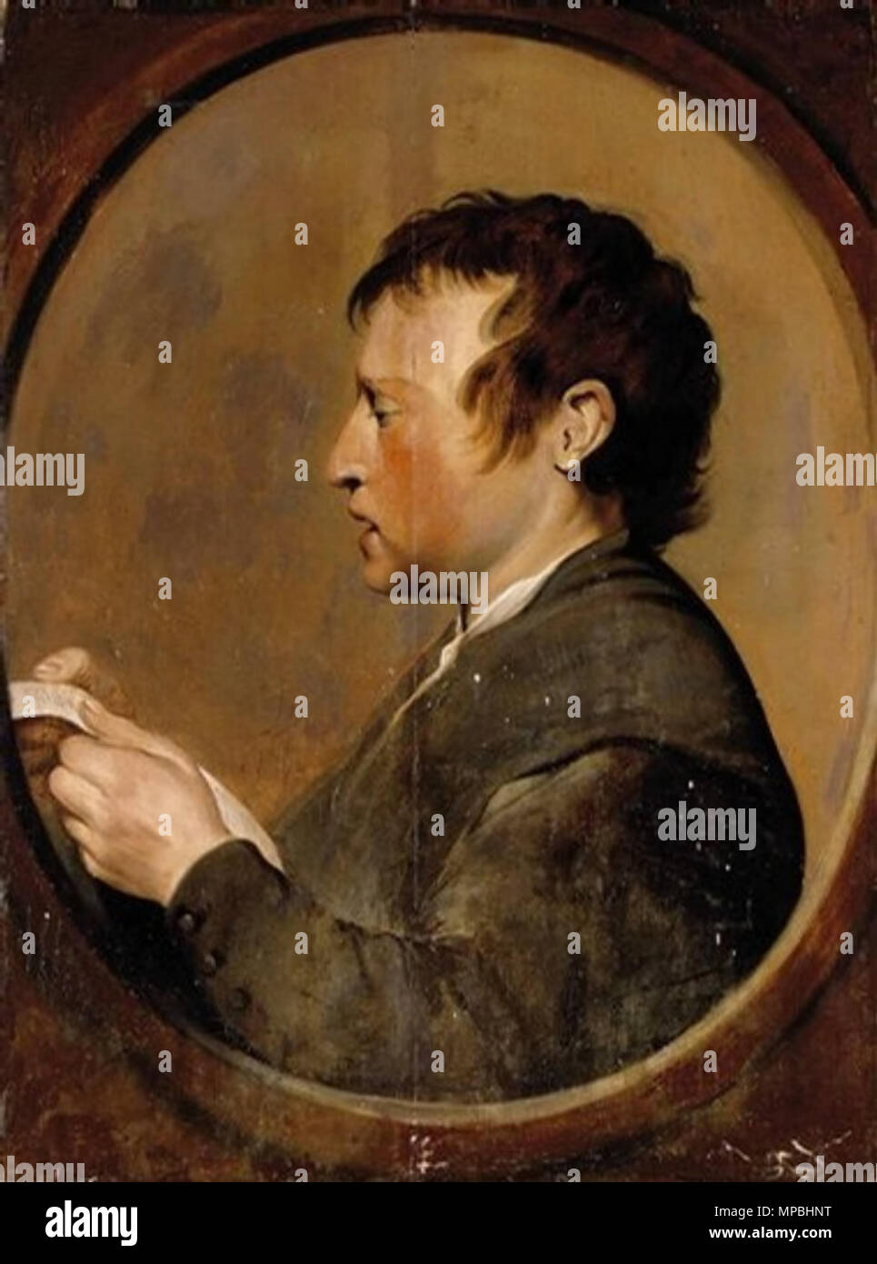 This is a handout image released by the auction house Christie's in London Tuesday April 22, 2008 of the oil painting 'A Boy, in Profile, Singing, in a Feigned Oval' by Pieter de Grebber dates from the late 1620s.  The 17th-century Dutch painting whose Jewish owner was killed during World War II is to be auctioned this week after Poland helped broker an agreement between his descendants and the current owner, an official said Tuesday. (AP Photo/Christie's, Ho)  **  NO SALES  **   Q11824939 .  English: A Boy, in profile, singing, in a feigned oval. Nederlands: Een jongen, en profil, zingend, in Stock Photo