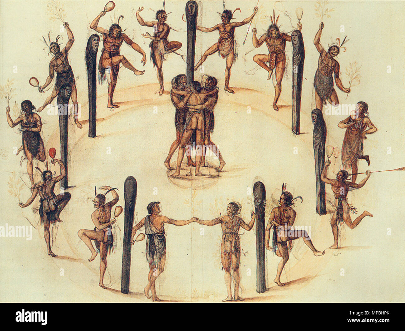English: Dancing Secotan Indians in North Carolina. Watercolour painted by  John White in 1585. Deutsch: Tanz der Secotan-Indianer in North Carolina.  Aquarell von John White aus dem Jahr 1585. 1585. John