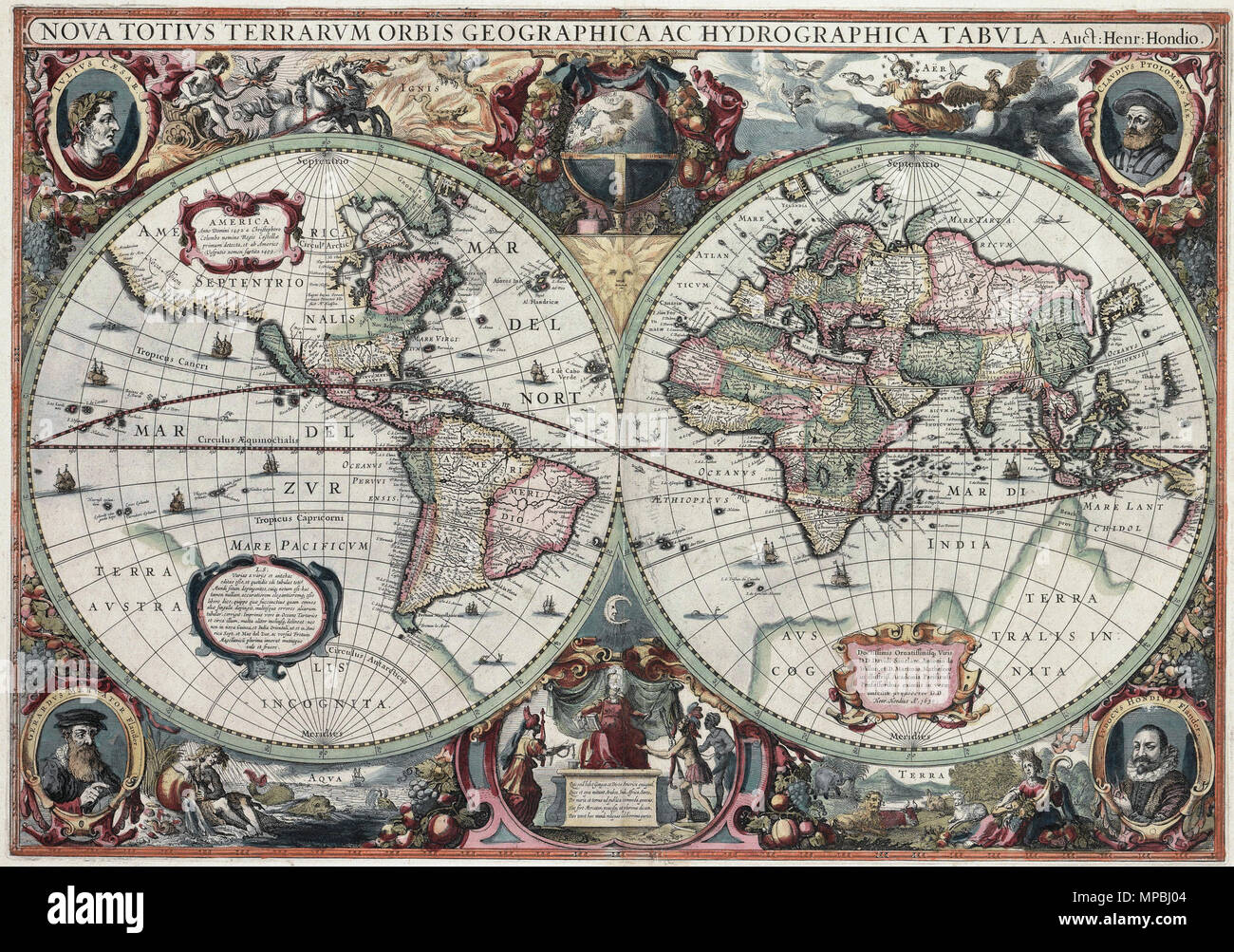 Latin: Nova Totius Terrarum Orbis Geographica ac Hydrographica Tabula New Geographic and Hydrographic Map of the Whole World .  This is an image of Nova totius Terrarum Orbis geographica ac hydrographica tabula, a map of the world created by Hendrik Hondius in 1630, and published the following year in the atlas Atlantis Maioris Appendix. Among its claims to notability is the fact that it was the first dated map published in an atlas, and therefore the first widely available map, to show any part of Australia, the only previous map to do so being Hessel Gerritsz' 1627 Caert van't Landt van d'Ee Stock Photo