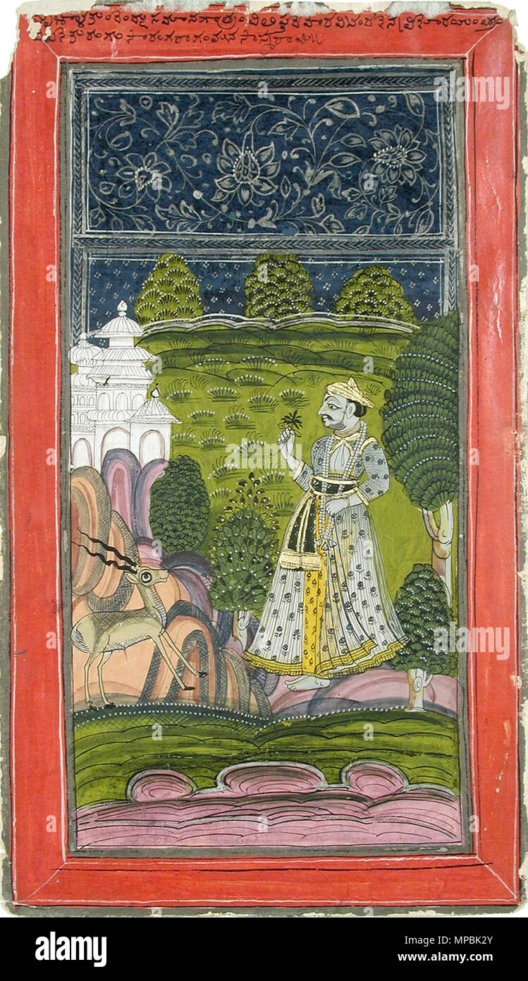 . English: Series Title: Ragamala Suite Name: Ragamala Creation Date: ca. 1755 Display Dimensions: 12 13/32 in. x 7 1/8 in. (31.5 cm x 18.1 cm) Credit Line: Edwin Binney 3rd Collection Accession Number: 1990.536 Collection: <a href='http://www.sdmart.org/art/our-collection/asian-art' rel='nofollow'>The San Diego Museum of Art</a> . 29 October 2001, 12:23:16. English: thesandiegomuseumofartcollection 1096 Sarang Ragini ( )- A noble with a deer in a landscape (6124547779) Stock Photo