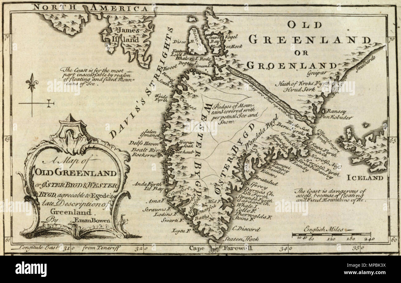 . English: Cropped and rotated from the original. Original description from the David Rumsey Historical Map Collection: Author: Bowen, Emanuel Date: 1747 Short Title: Old Greenland. Publisher: William Innys [et al.] London Type: Atlas Map Obj Height cm: 33 Obj Width cm: 23 Scale 1: 9,850,000 Note: Engraved map. Includes geographic notes and ornamental cartouche. Relief shown pictorially. Ancillary maps [here omitted]: A map of the islands of Ferro or Farro according to Jacobson Debes -- A draught of the Whirlpool, on the south east of Sumbo Rocks wth. the soundings -- An improved map of Icelan Stock Photo