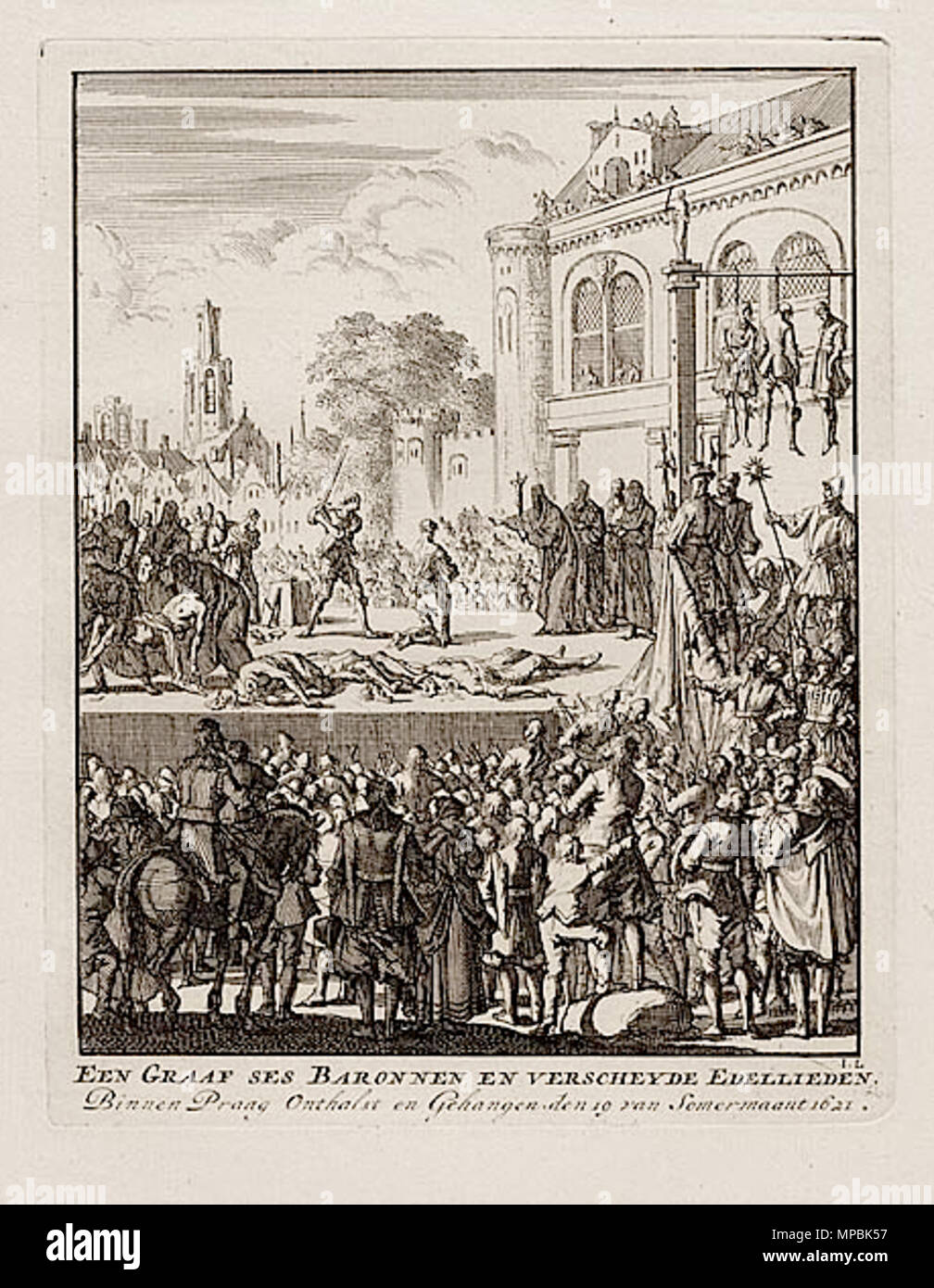 . English: Een Graaf ses Baronnen en Verscheyde Edellieden, etching by Jan Luyken about the Old Time Square Execution in Prague on the 21 June 1621. Jan Luyken. Jan Luyken 940 Old Time Square Execution in Prague 1621 Stock Photo