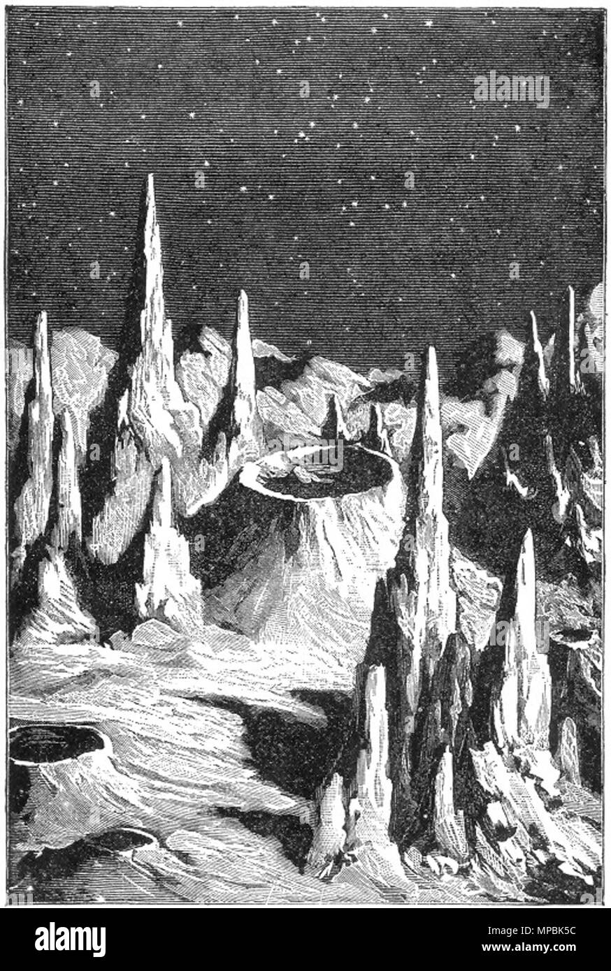 . English: The figure was named 'Lunar Day', and it represents a historical concept of the lunar surface appearance. Robotic missions to the Moon later demonstrated that the surface features are much more rounded due to a long history of impacts. 1879. This file is lacking author information. 940 Old view moon Stock Photo