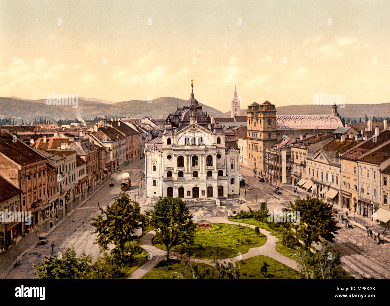 High Street and theatre, Kaschau, Hungary, Austro-Hungary, circa 1900 Stock Photo