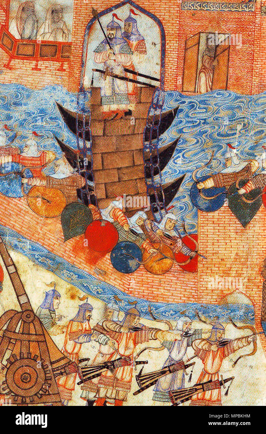 Persian painting of HÃ¼legÃ¼â€™s army attacking city with siege engine Stock Photo