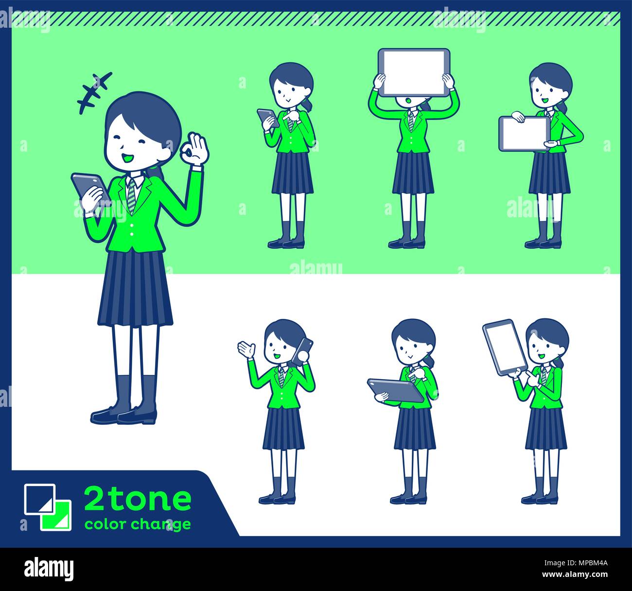 2tone type school girl green Blazer set 06 Stock Vector