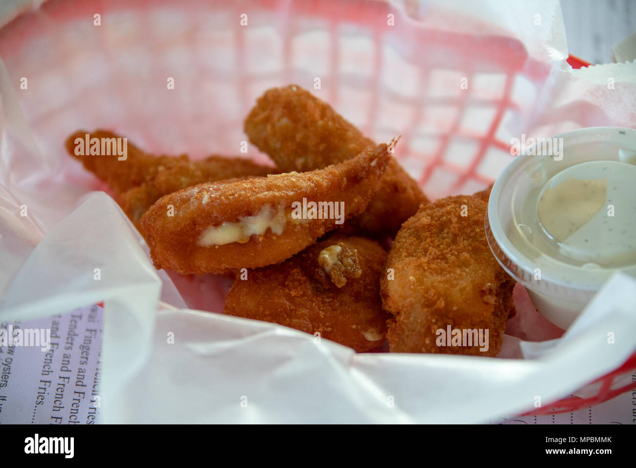 Shrimp Jammers (friend shimp stuffed with jalepeno cheddar) at Capitol Oyster Bar, Birmingham, Alabama, USA Stock Photo