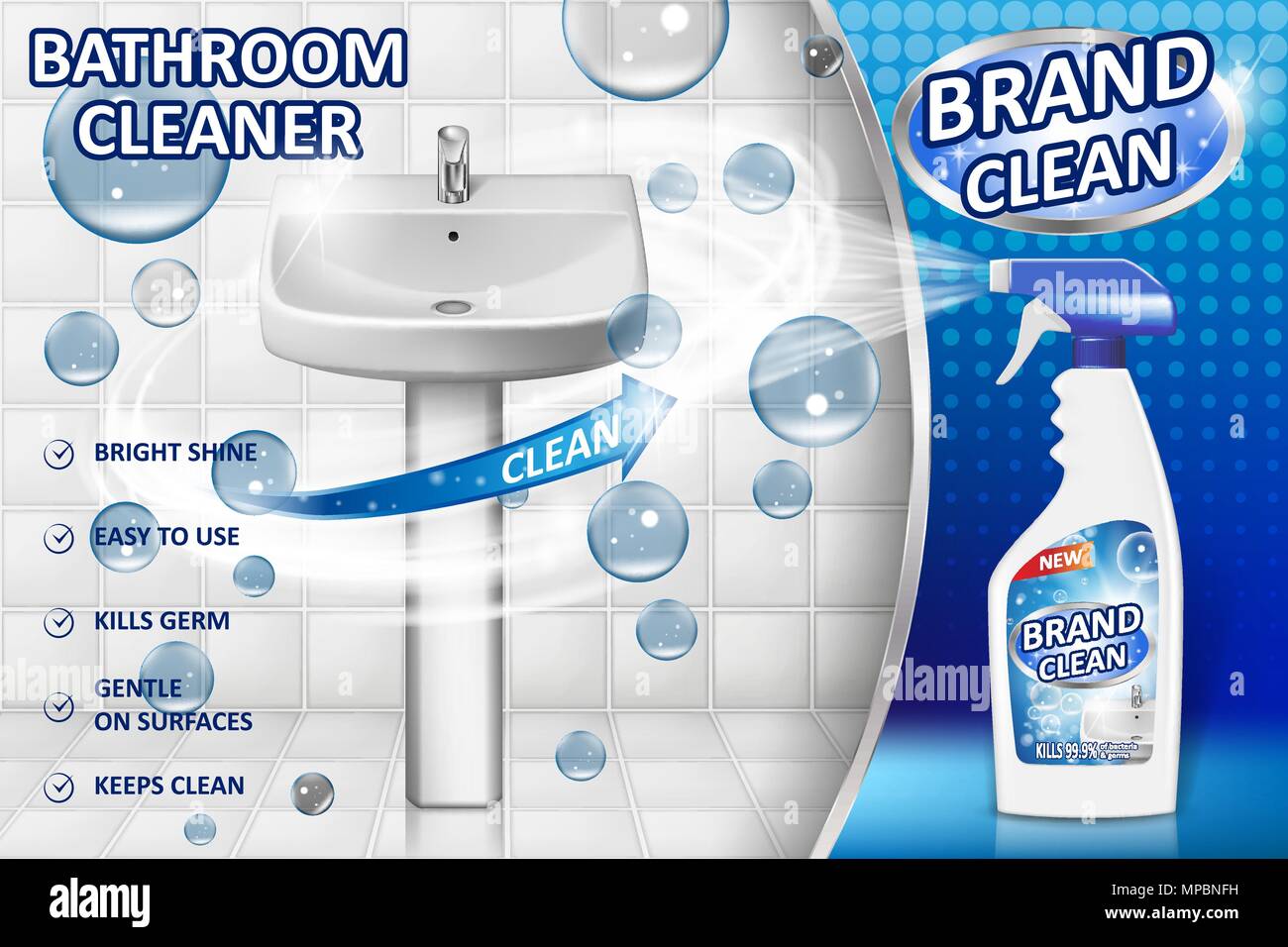 Bathroom cleaners ad poster, spray bottle mockup with liquid detergent for bathroom sink and toilet with bubbles and white background. 3d Vector illustration Stock Vector