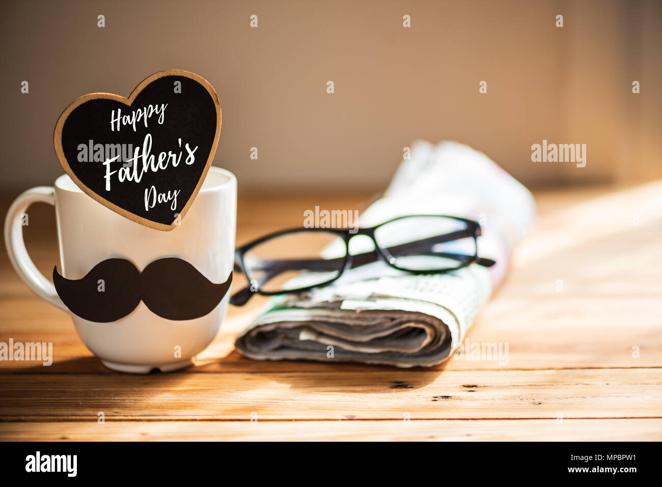 Happy fathers day concept. coffee cup with black paper mustache, heart ...