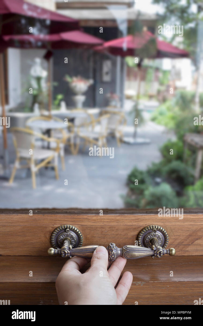 Glass wooden frame window in small cafe, stock photo Stock Photo - Alamy