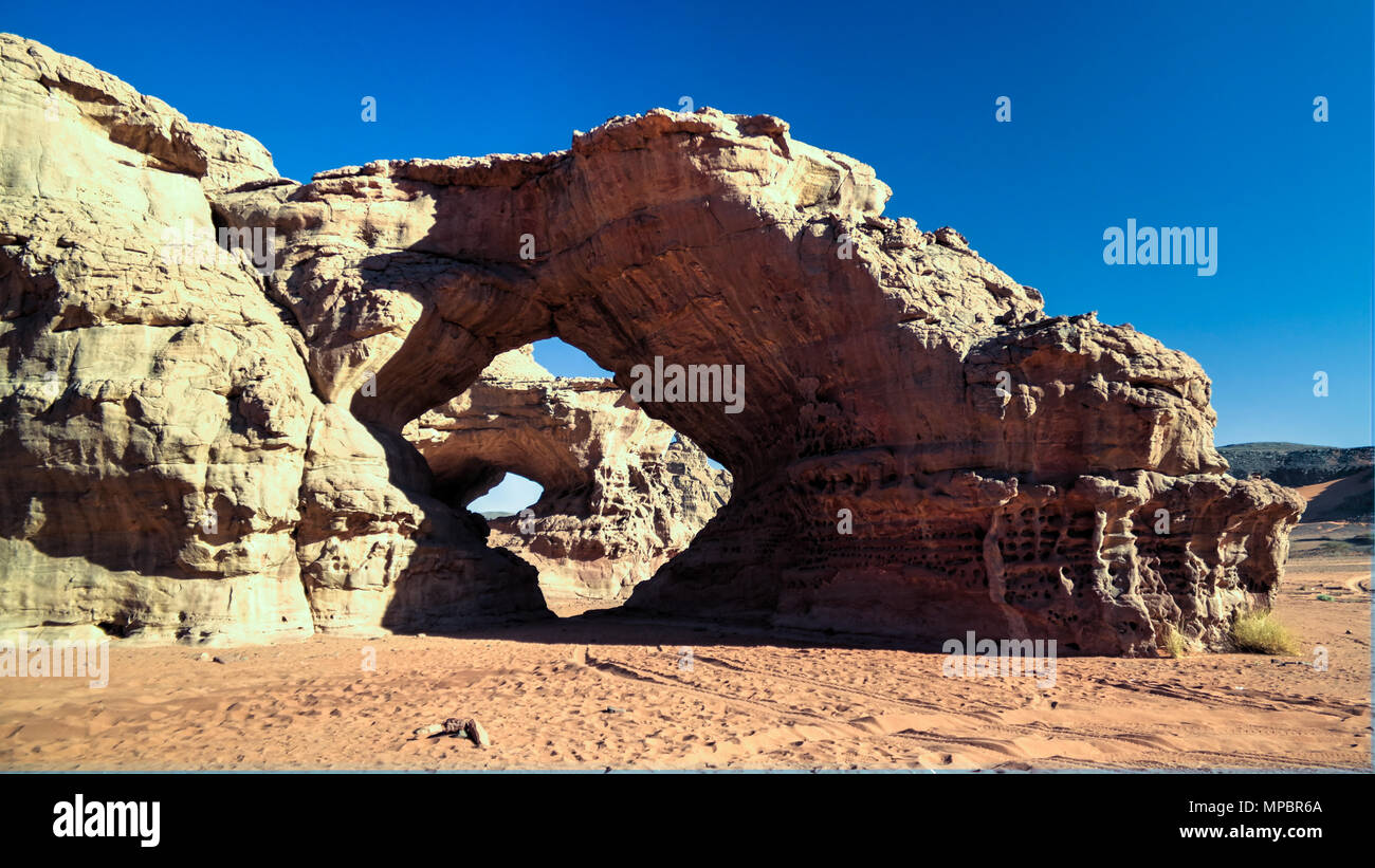 Landscape of sand dune and sandstone nature sculpture at Tamezguida in Tassili nAjjer national park in Algeria Stock Photo