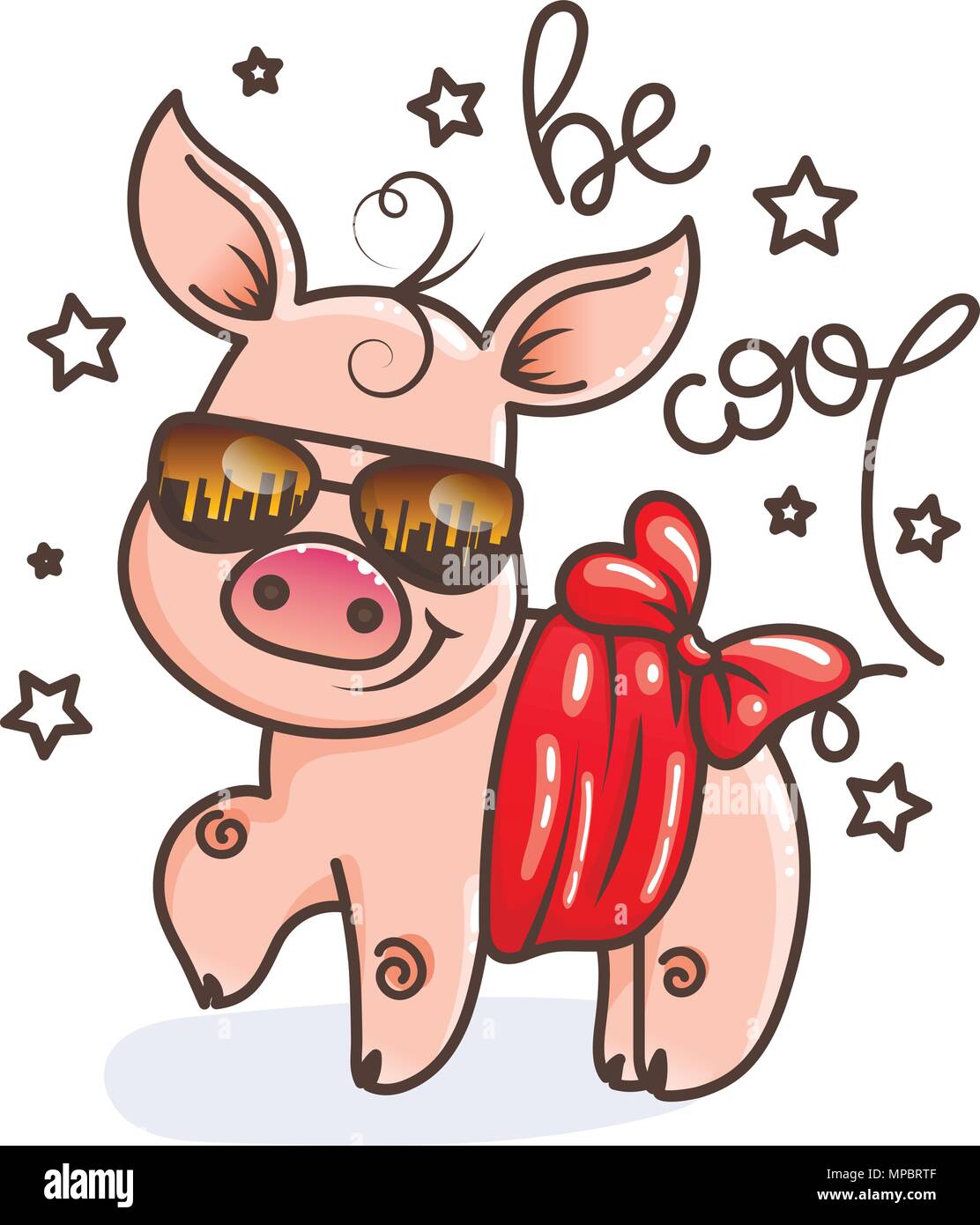 Cute Cartoon Baby Pig In A Cool Sunglasses. Vector Illustration Stock 