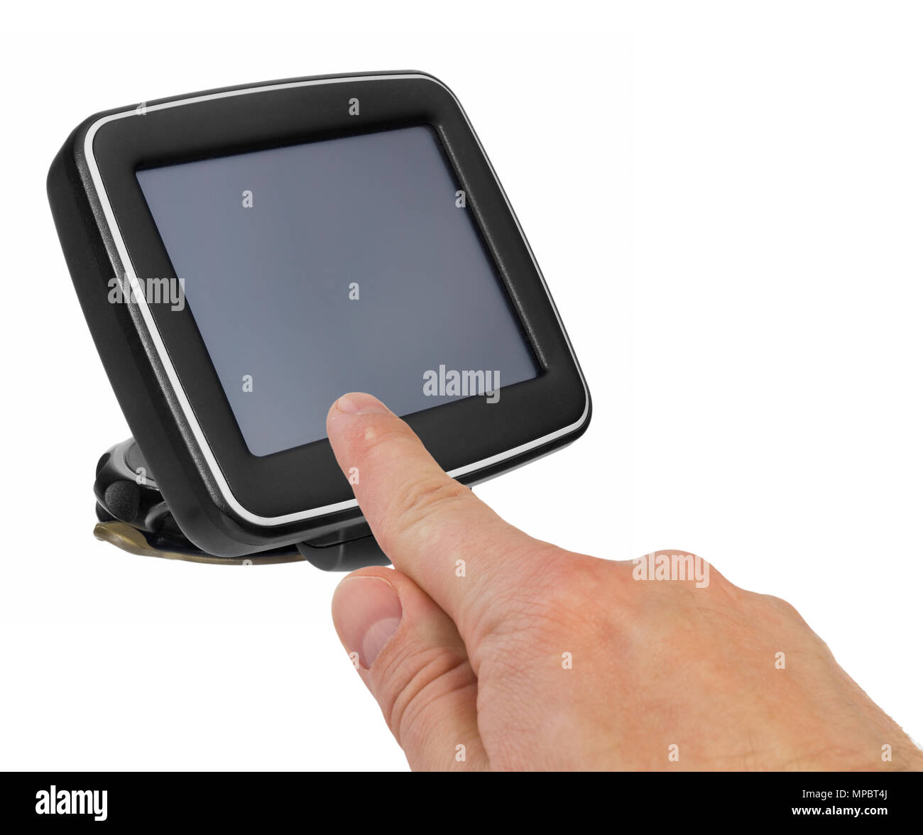 GPS car navigation with handle. The finger indicates the point on the