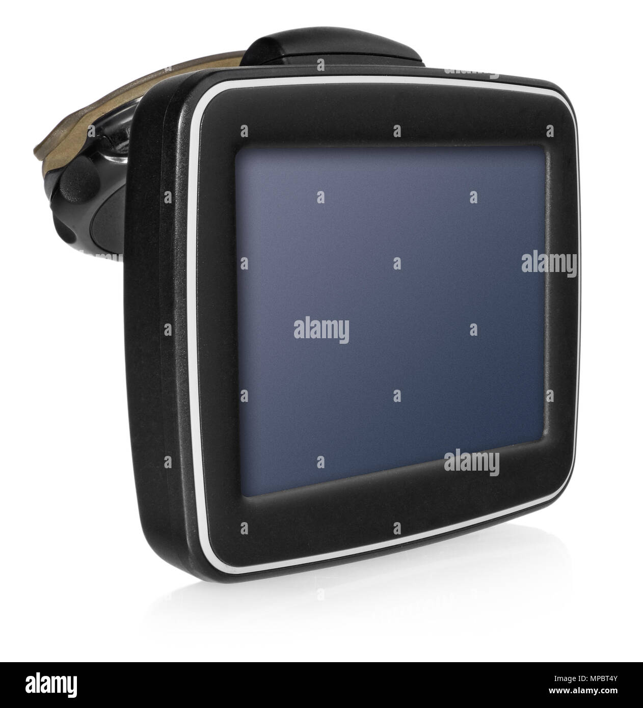 GPS car navigation with handle. Black electronic map device with blue screen and silver border
