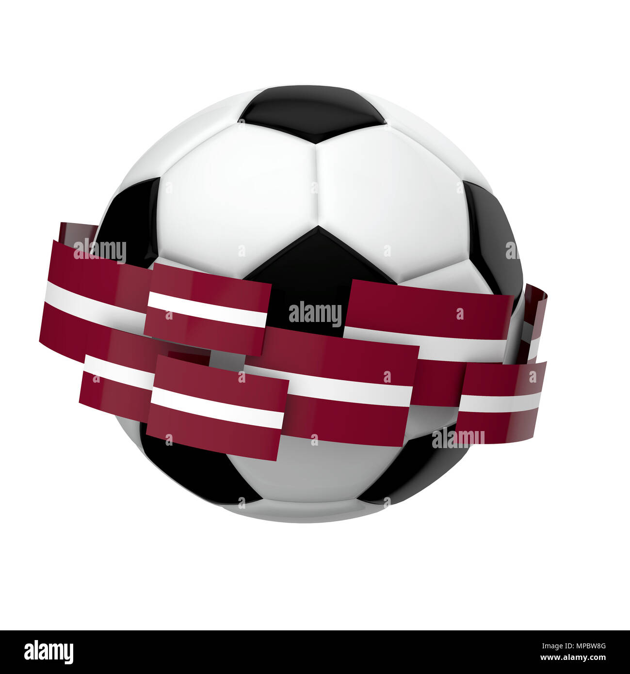 Soccer football with Latvia flag against a plain white background. 3D