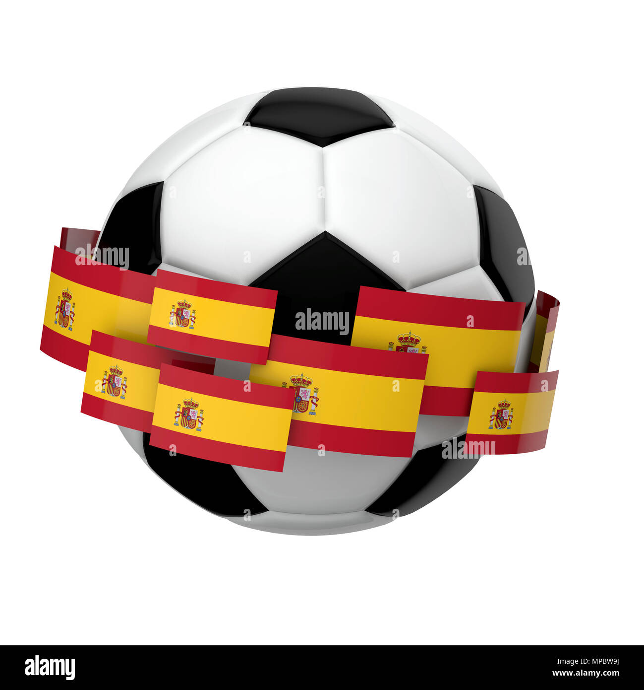 Soccer football with Spain flag against a plain white background. 3D