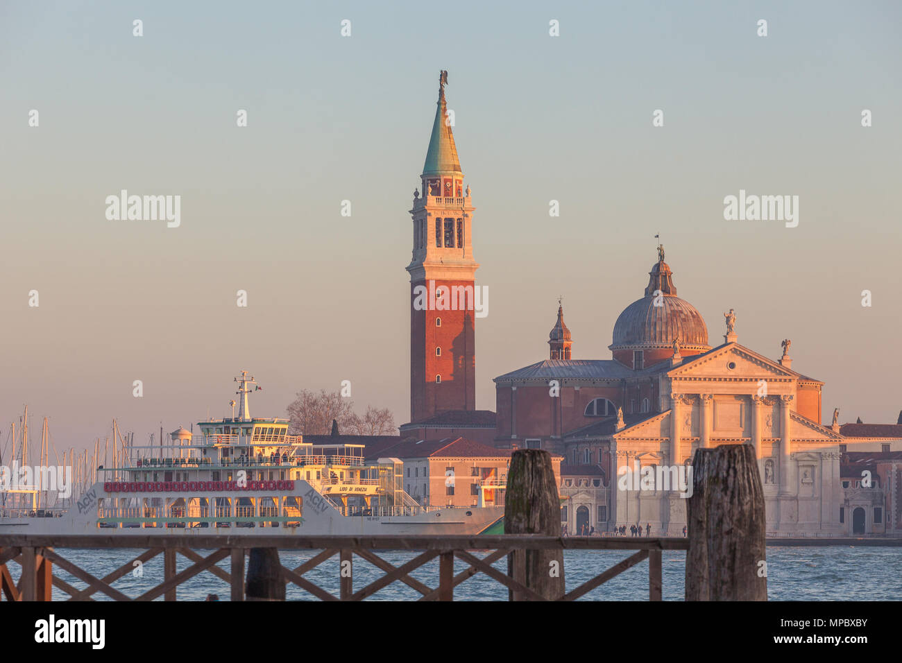 VENICE, ITALY - JANUARY 02 2018: The San Giorgio Maggiore church in the San Marco Basin at sunset. Stock Photo