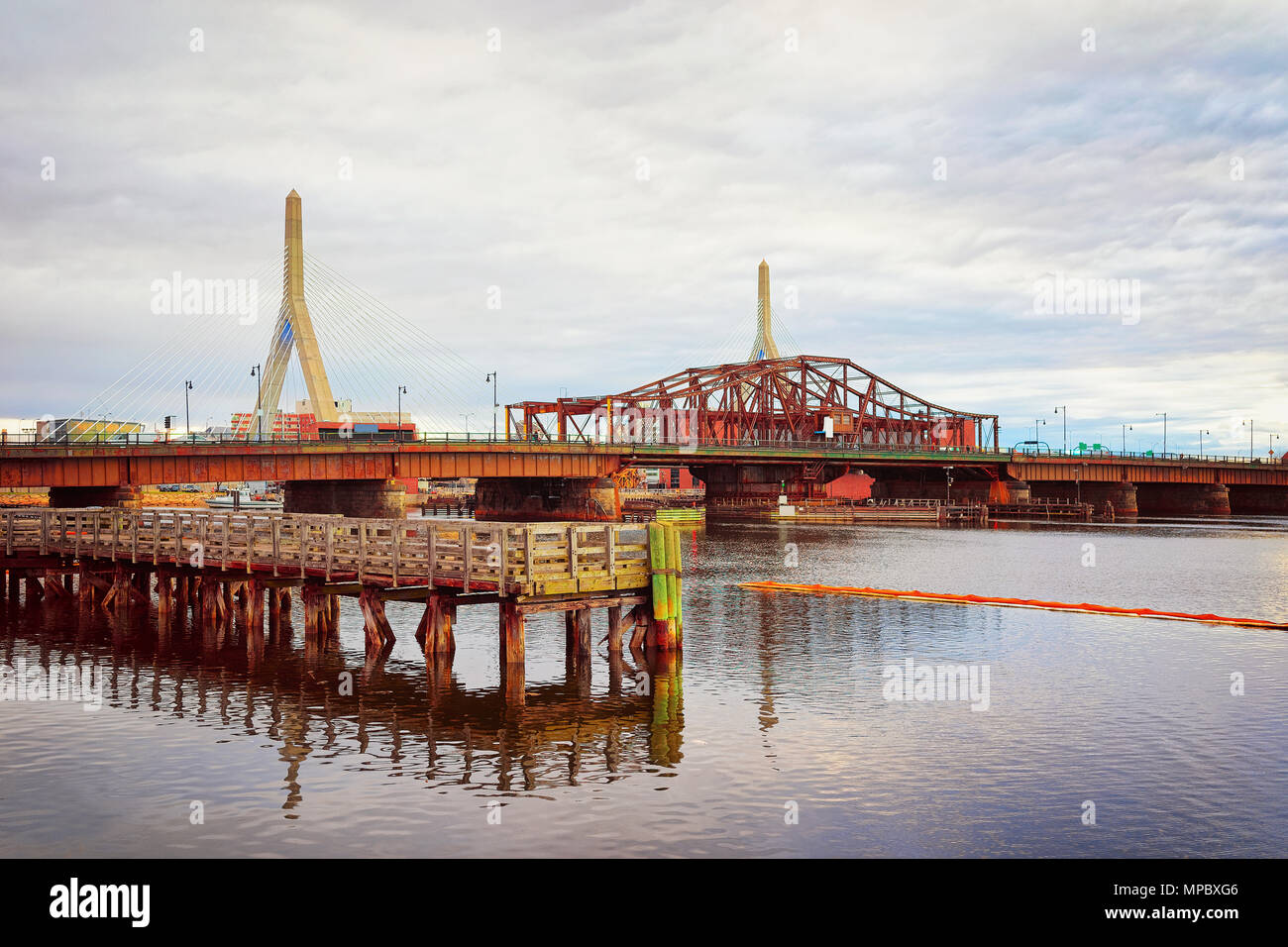 Leonard Zakim Bunker Hill Memorial Bridge seen from Langone Park in Boston, Massachusetts, USA. Stock Photo