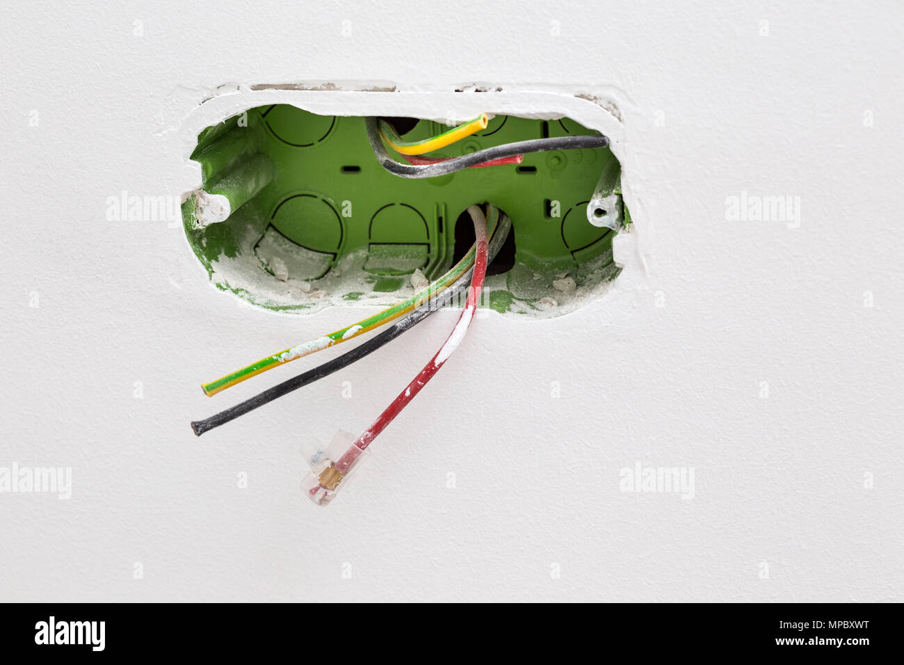Unfinished electrical mains outlet socket with electrical wires