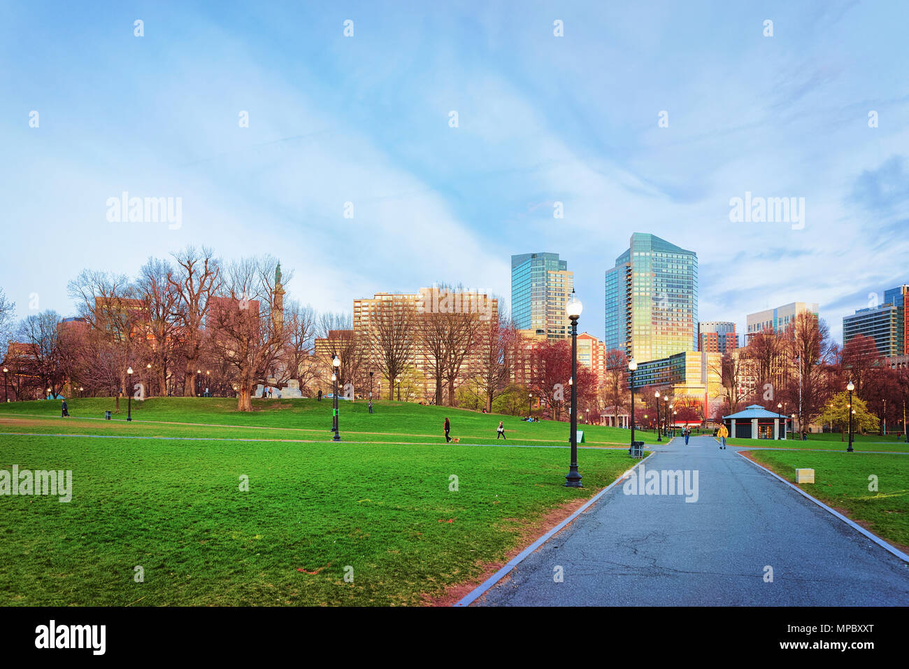 Skyline And Boston Common Public Park In Downtown Boston Massachusetts The United States People On The Background Late In The Evening Stock Photo Alamy