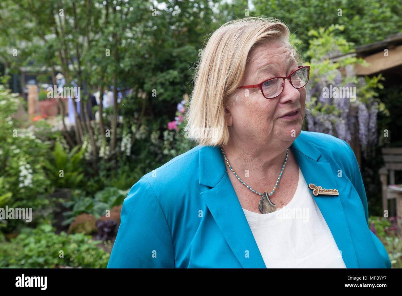 Chelsea, London, UK. 21st May, 2018. Chelsea, London, UK. 21st May 2018. Rosemary Shrager on the Welcome to Yorkshire garden at Chelsea Flower Show 2018, designed by Mark Gregory for Landformconsultants.co.uk Credit: Jenny Lilly/Alamy Live News Stock Photo