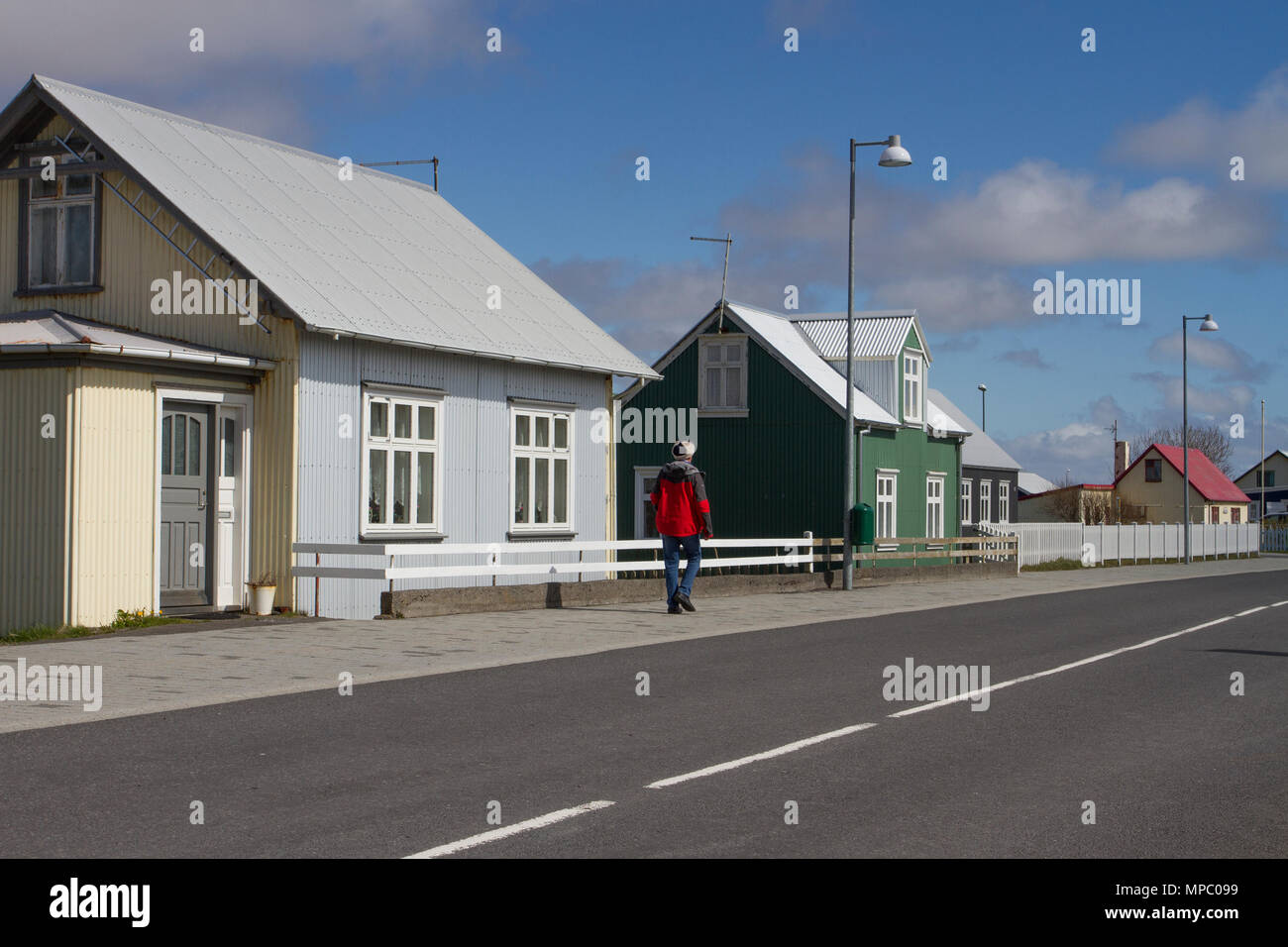 Quaint old colourful village houses in Eyrarbakki, Iceland. 21st May, 2018. South Iceland Weather. The spring sunshine highlights the old village houses.  Credit; ConradElias/AlamyLiveNews. Stock Photo