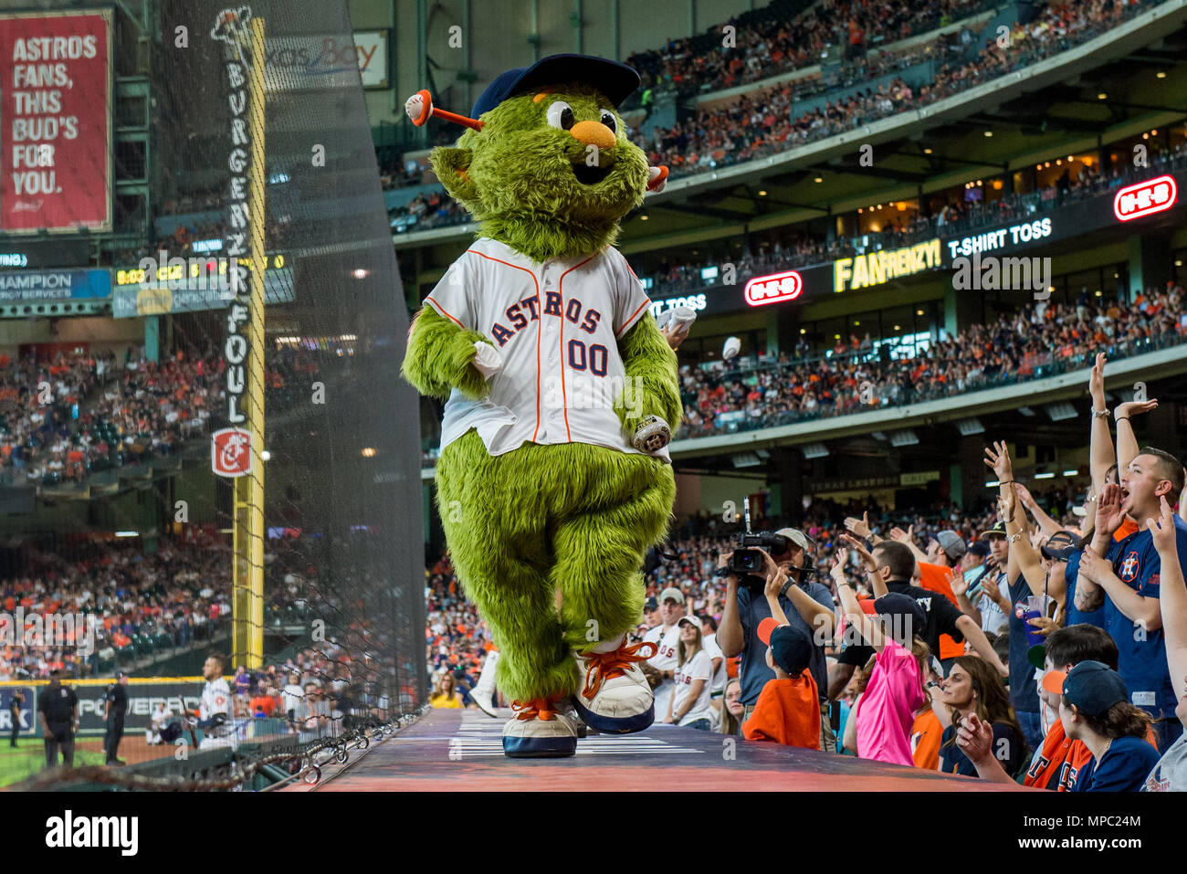 Houston, TX, USA. 19th May, 2018. Houston Astros mascot Orbit during a Major League Baseball game between the Houston Astros and the Cleveland Indians at Minute Maid Park in Houston, TX. Cleveland won the game 5 to 4.Trask Smith/CSM/Alamy Live News Stock Photo