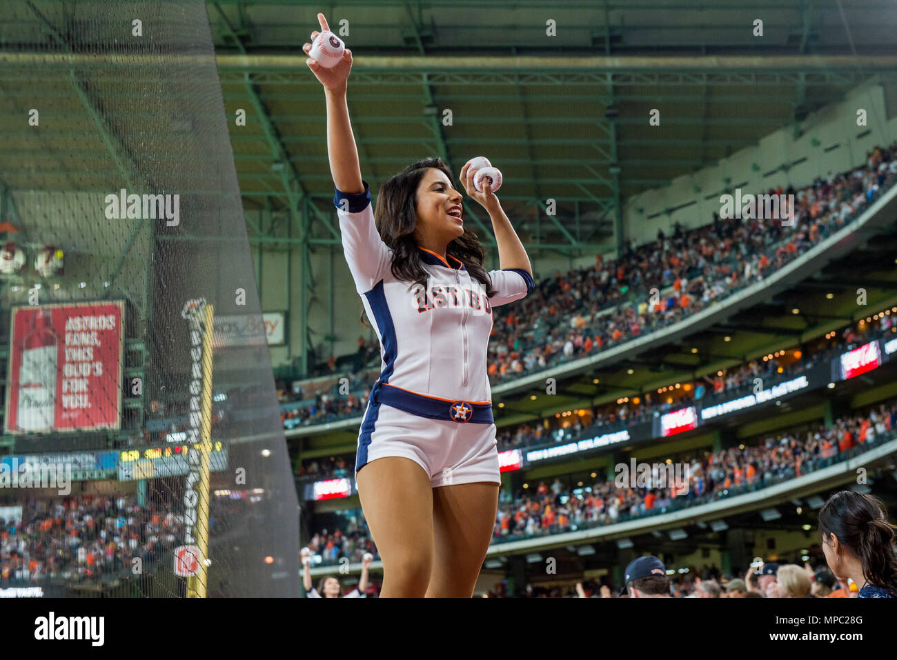 Houston, TX, USA. 19th May, 2018. An Astros Shooting Stars team member  performs during a Major League Baseball game between the Houston Astros and  the Cleveland Indians at Minute Maid Park in