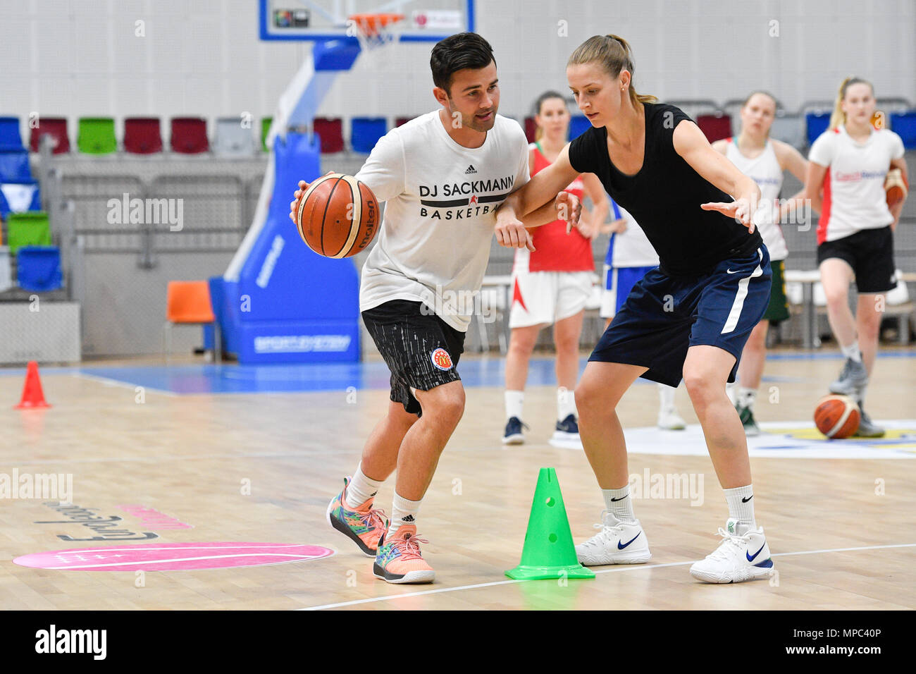 Prague, Czech Republic. 22nd May, 2018. Coach DJ Sackmann (with ball)  trains the Czech Republic women´s national basketball team during the Day  for media in Prague, Czech Republic, May 22, 2018. At