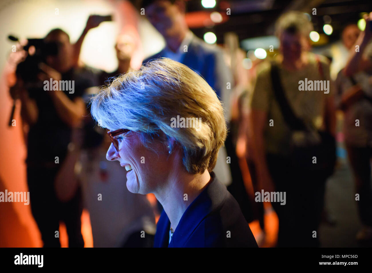 15 May 2018, Germany, Berlin: Anja Karliczek of the Christian Democratic Union (CDU), German Minister of Education and Research, sits in front of a computer screen at the exhibition about the work environment of the future inside the exhibition ship 'MS Wissenschaft' (lit. motor vessel science) of the Federal Ministry of Education and Research. During the summer months, the 'MS Wissenschaft' will be going on a Germany tour visiting about 40 cities with its exhibition on the topic of work environments of the future. Photo: Gregor Fischer/dpa Stock Photo