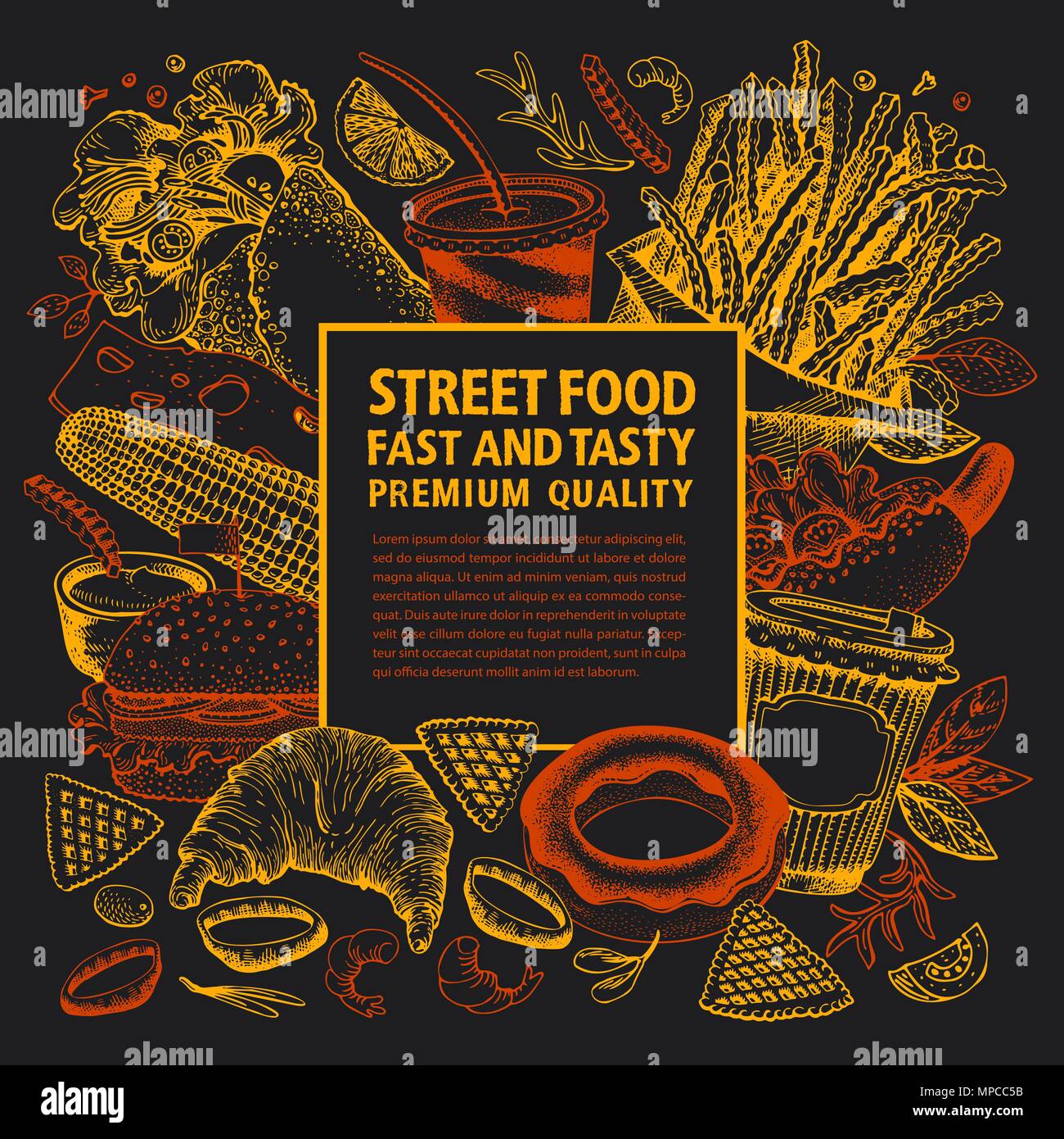 Fast food hand drawn vector illustration. Street food banner design template. Can be use for fast food restaurant or cafe menu or packaging design. Stock Vector