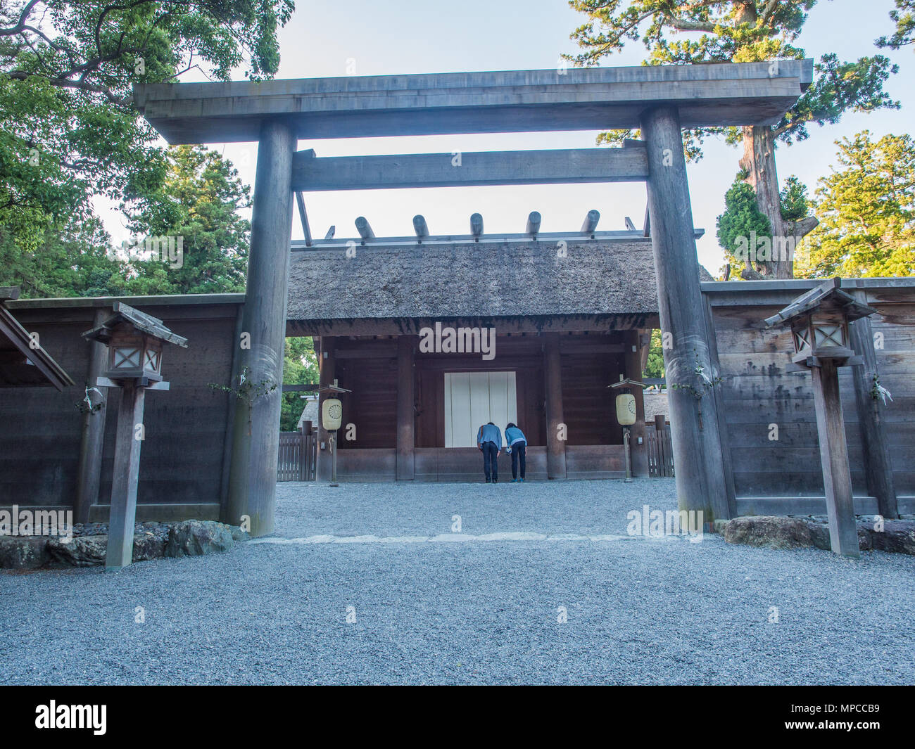 Man and woman bow as they pray,  Goshoden main sanctuary, Geku, Ise Jingu, Mie, Japan Stock Photo