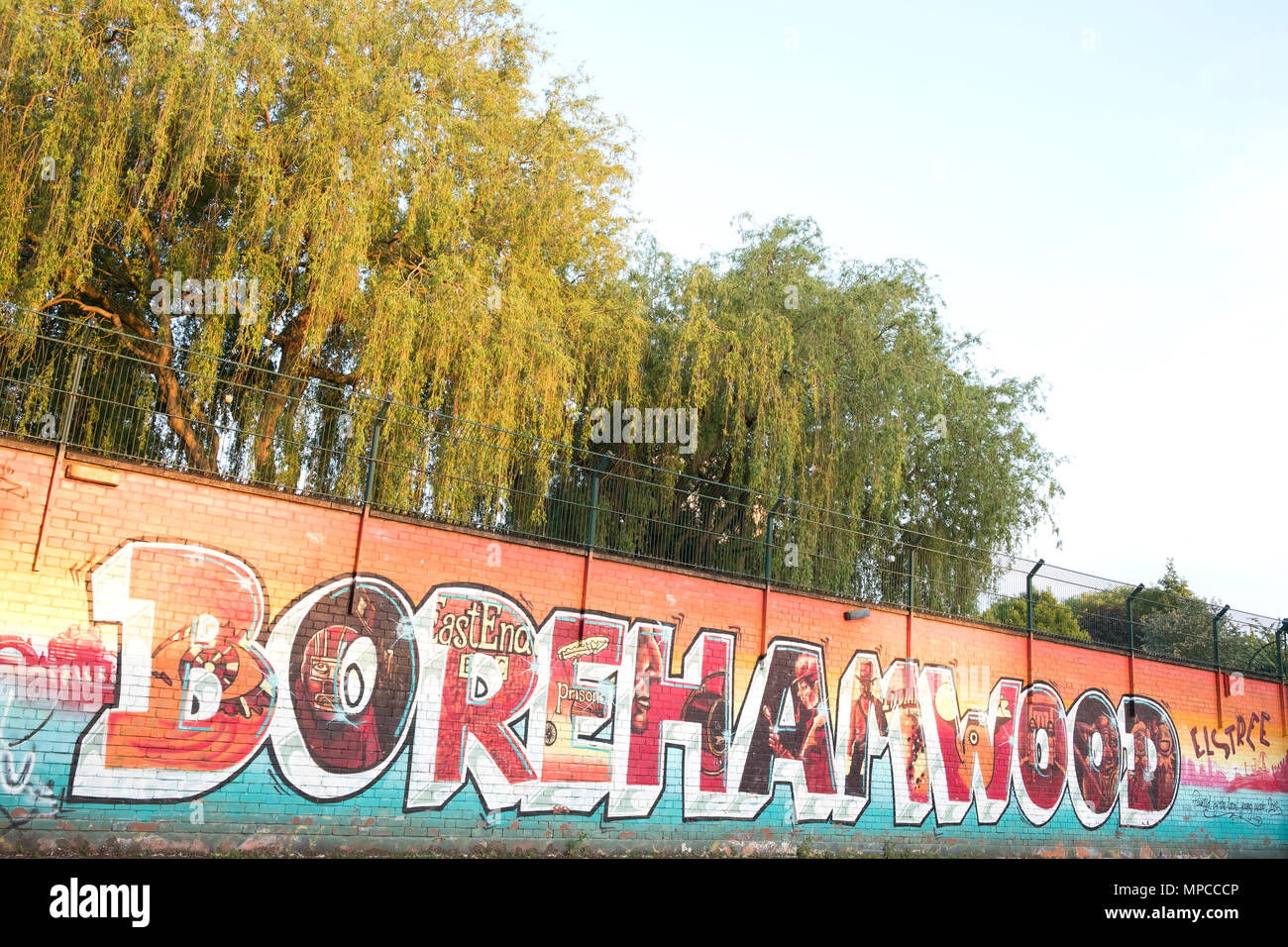 UK, Borehamwood, graffiti art in the basket ball courts at Aberford Park. Stock Photo