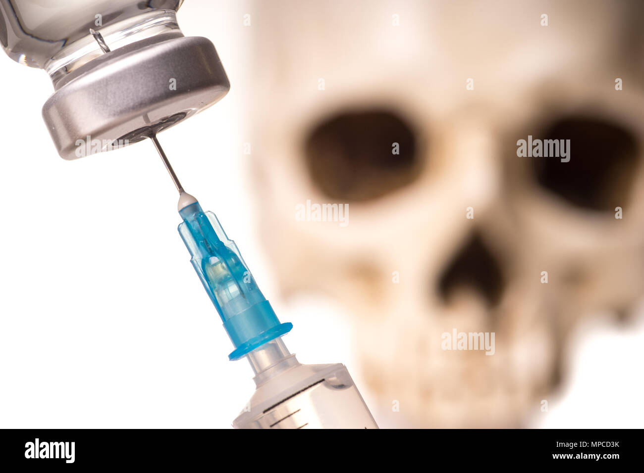 Blurry Skull and syringe with liquid substans, isolated on whte background Stock Photo