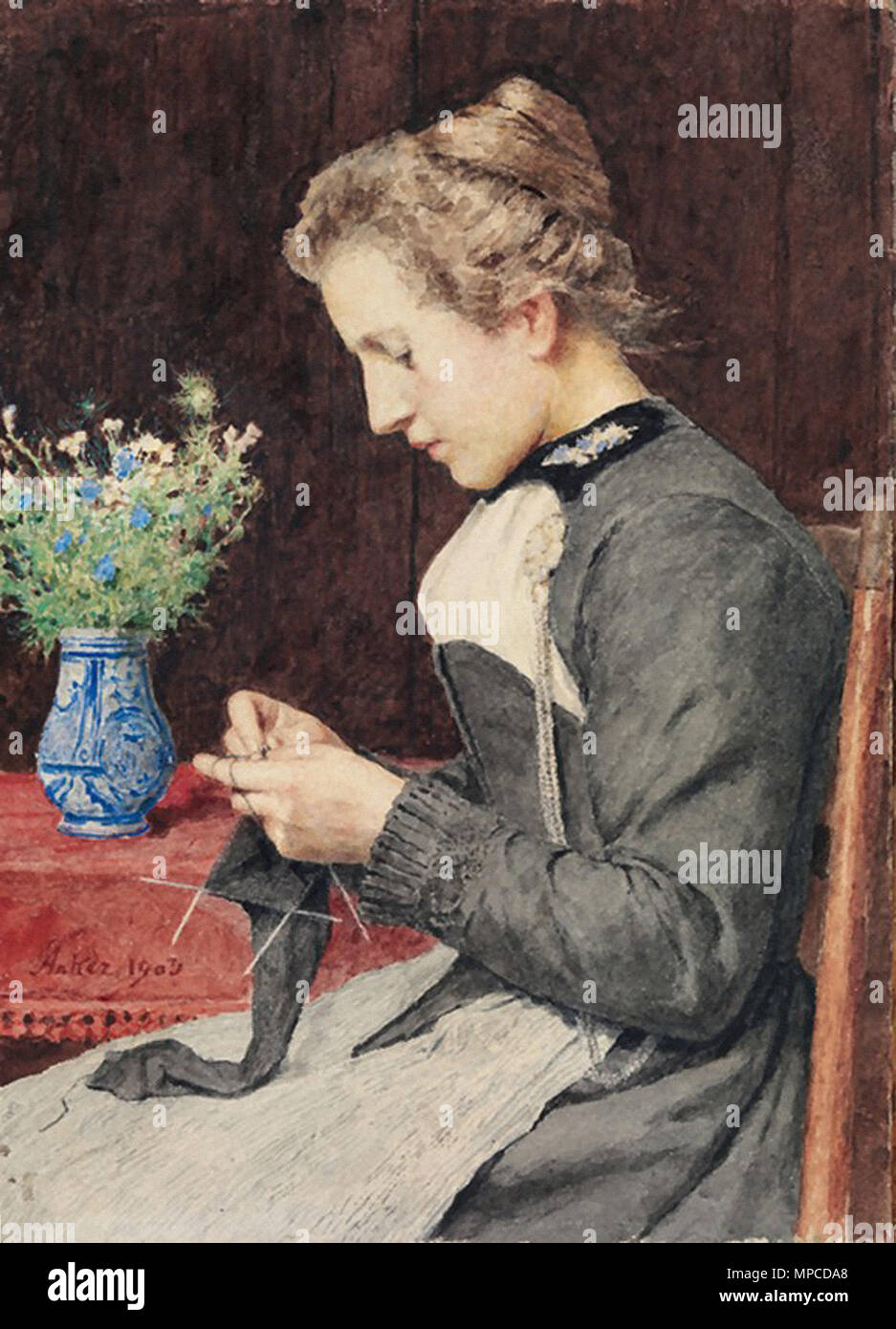 Anker Albert Strickende Junge Frau Mit Blumenstrauss Stock Photo Alamy