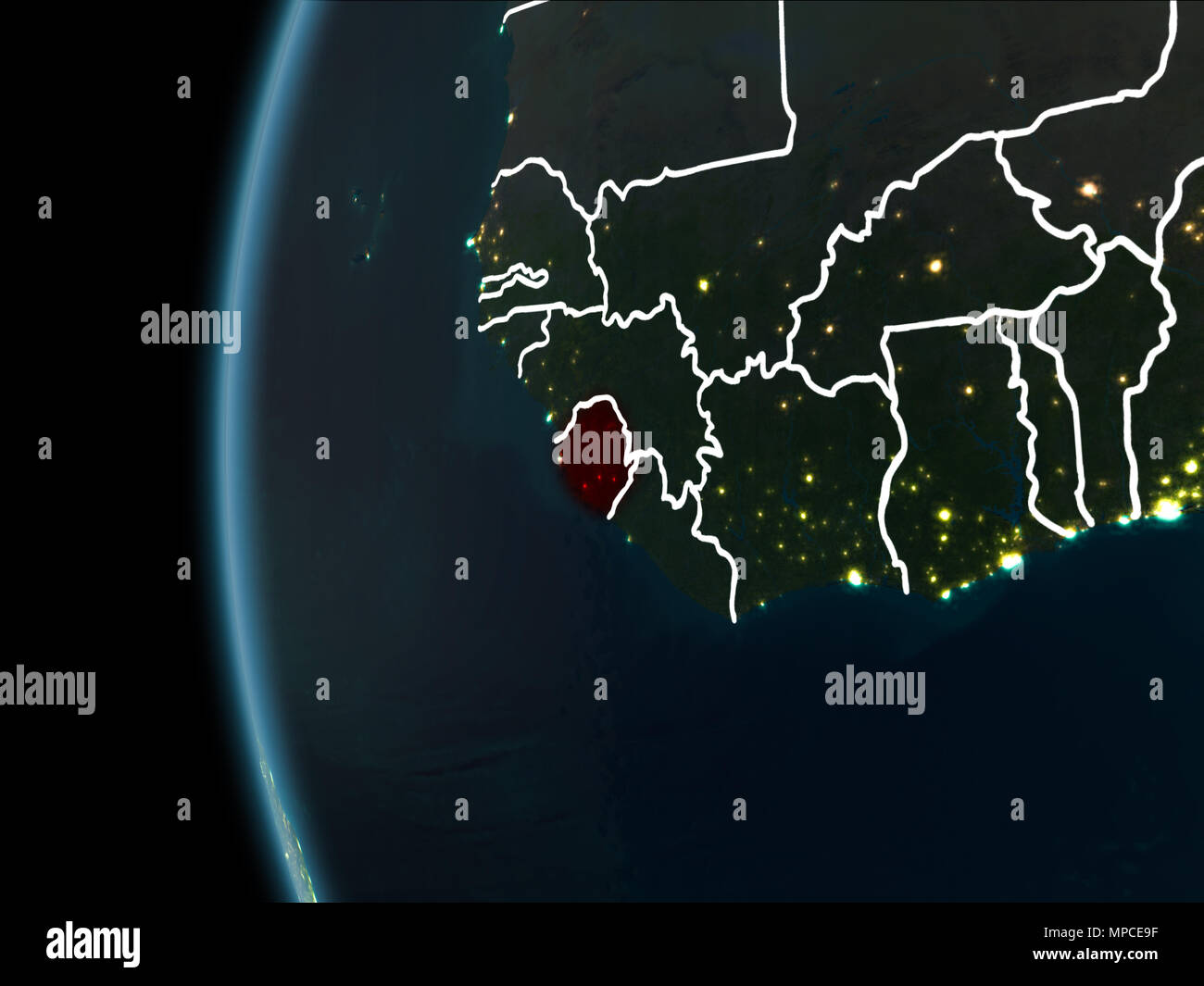 Orbit view of Sierra Leone highlighted in red with visible borderlines ...
